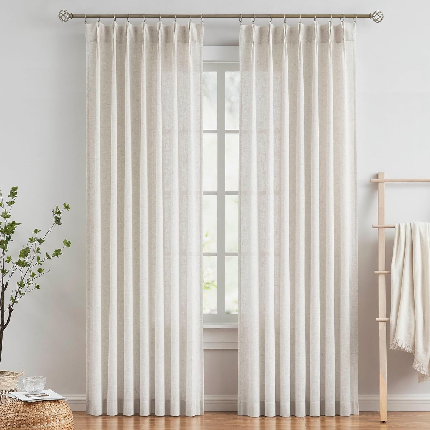 Vision Home Natural Pinch Pleated Semi Sheer Curtains Textured Linen Blended Light Filtering Window Curtains 102 inch for Living Room Bedroom Pinch Pleat Drapes with Hooks 2 Panels 42" Wx102 L