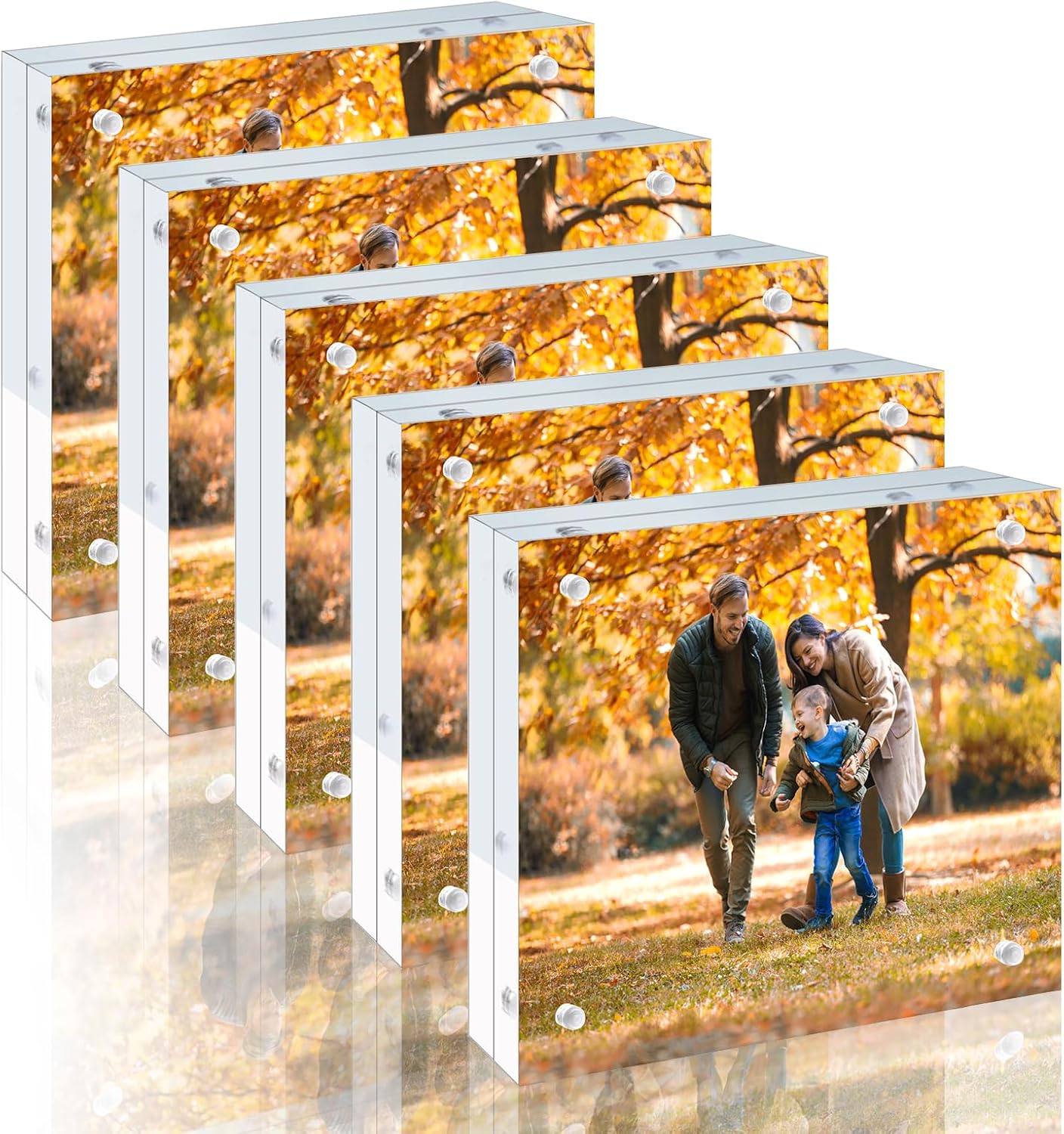 5 Pack 8x8 Acrylic Picture Frames - 20% Thicker Double Sided Magnetic Frame with UV Protection - Freestanding Clear Frameless Display for Tabletops - Modern Photo Frame Set for Home & Office Decor