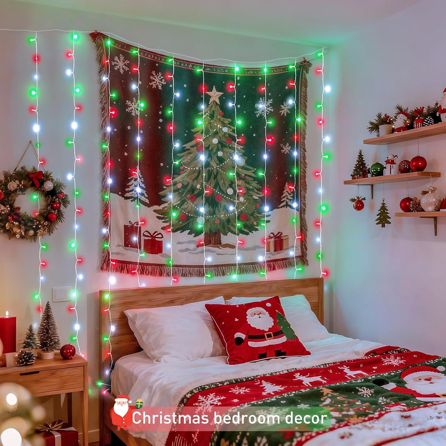 JMEXSUSS 300LED Red White and Green Christmas Curtain Lights with Remote, Indoor Christmas String Lights Plug in, Hanging Twinkle Lights for Bedroom Window Wall Yard Outdoor Xmas Decor, 9.8x9.8ft