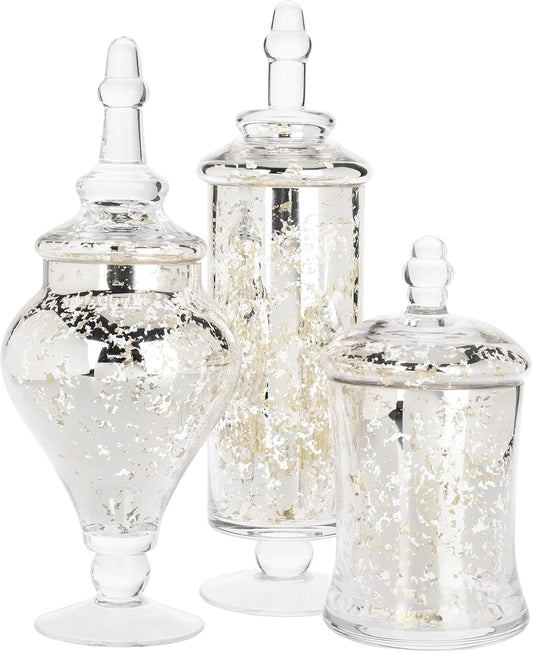 MyGift Set of 3 Silver Mercury Glass Apothecary Jars, Weddings Centerpiece Candy Buffet