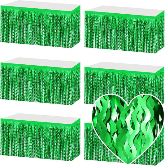 6 Pack 29x108 Inch Green Wave Foil Fringe Table Skirts Metallic Banner for Tinsel Streamer Garland Backdrop for Parade Floats Wedding, Mother's Day, Birthday Mardi Gras Party Decorations