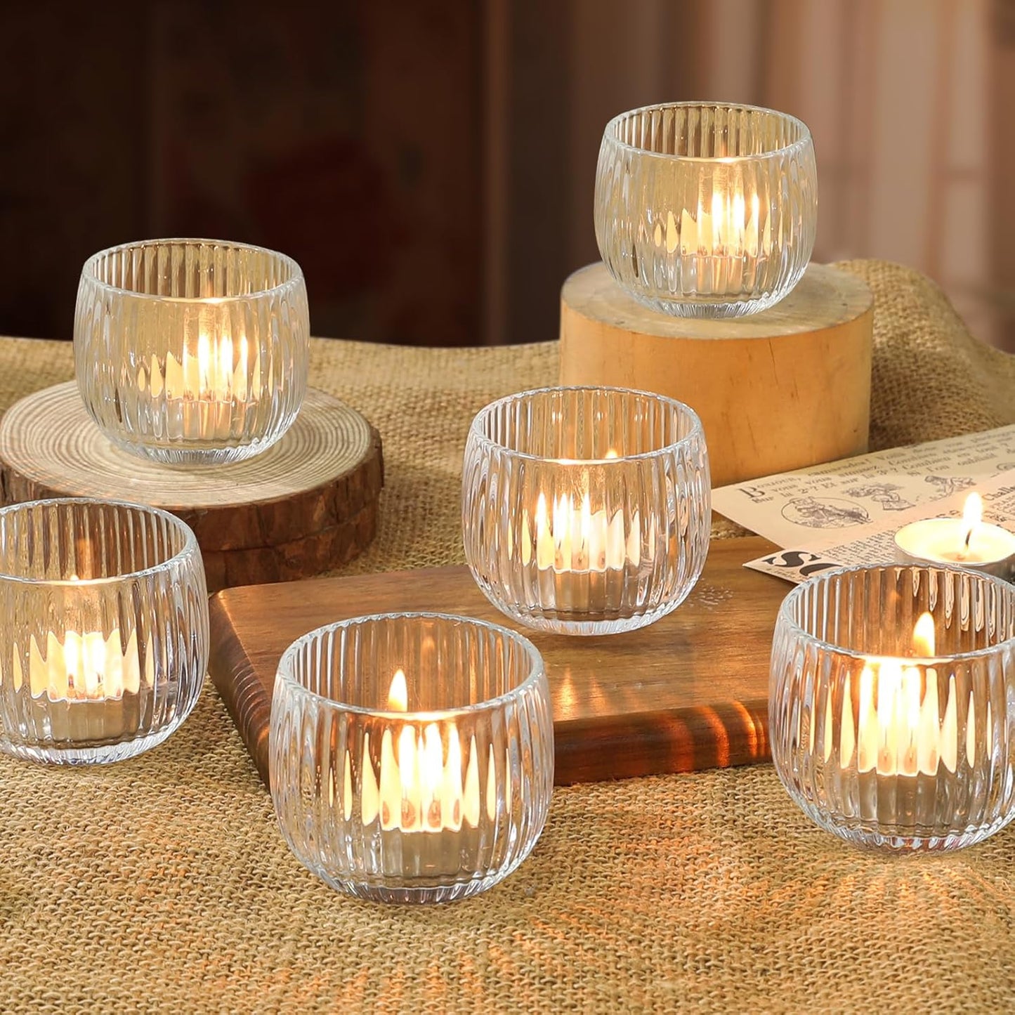 Set of 6 Ribbed Glass Votive Candle Holders, Clear Glass Tealight Holders for Taper Candles - Elegant Table Centerpieces for Weddings, Christmas, Parties, and Home Decor