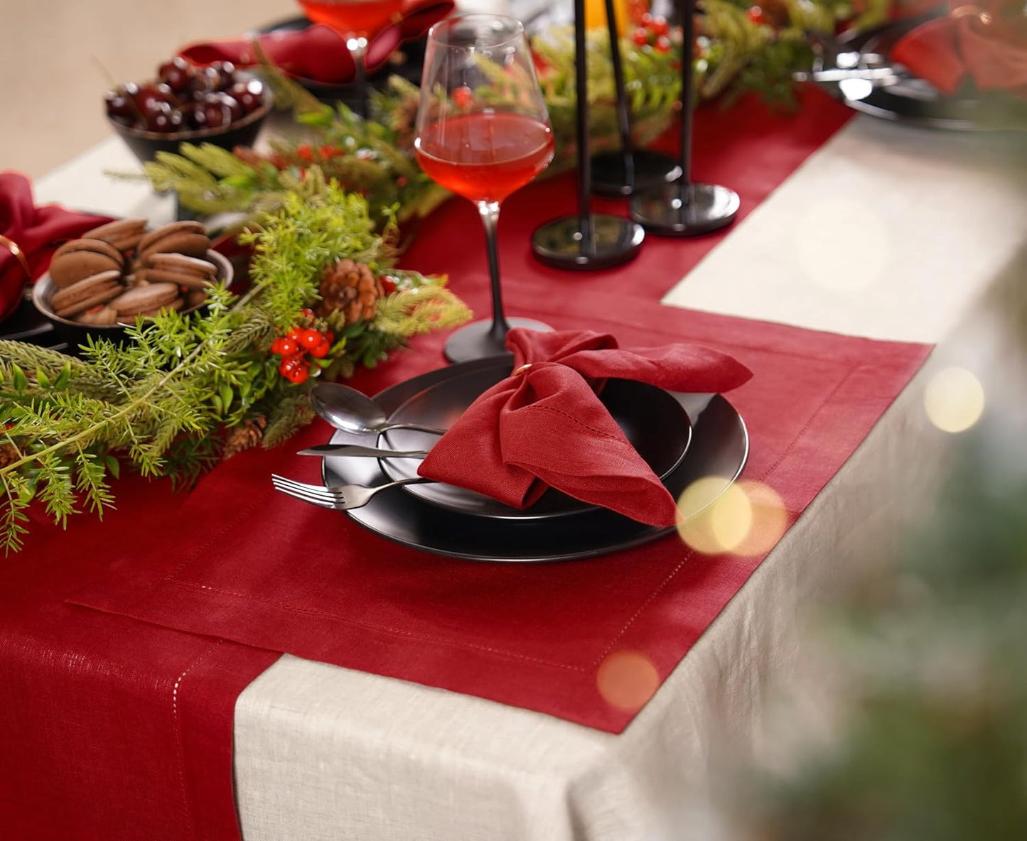 100% Pure Linen Red Table Runner 14 x 36 Inch - Small Hemstitch Christmas Table Runner - Cloth Fabric Runner for Thanksgiving, Winter, New Year - Elara