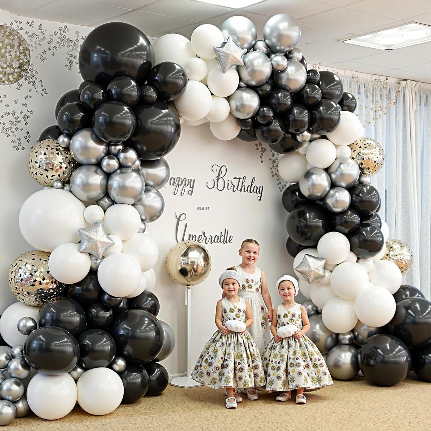 412Pcs Black and Silver White Balloon Arch Kit, 18 12 10 5 Inch Different Size Black and Silver White Balloons for Graduation Birthday Wedding Party Decorations