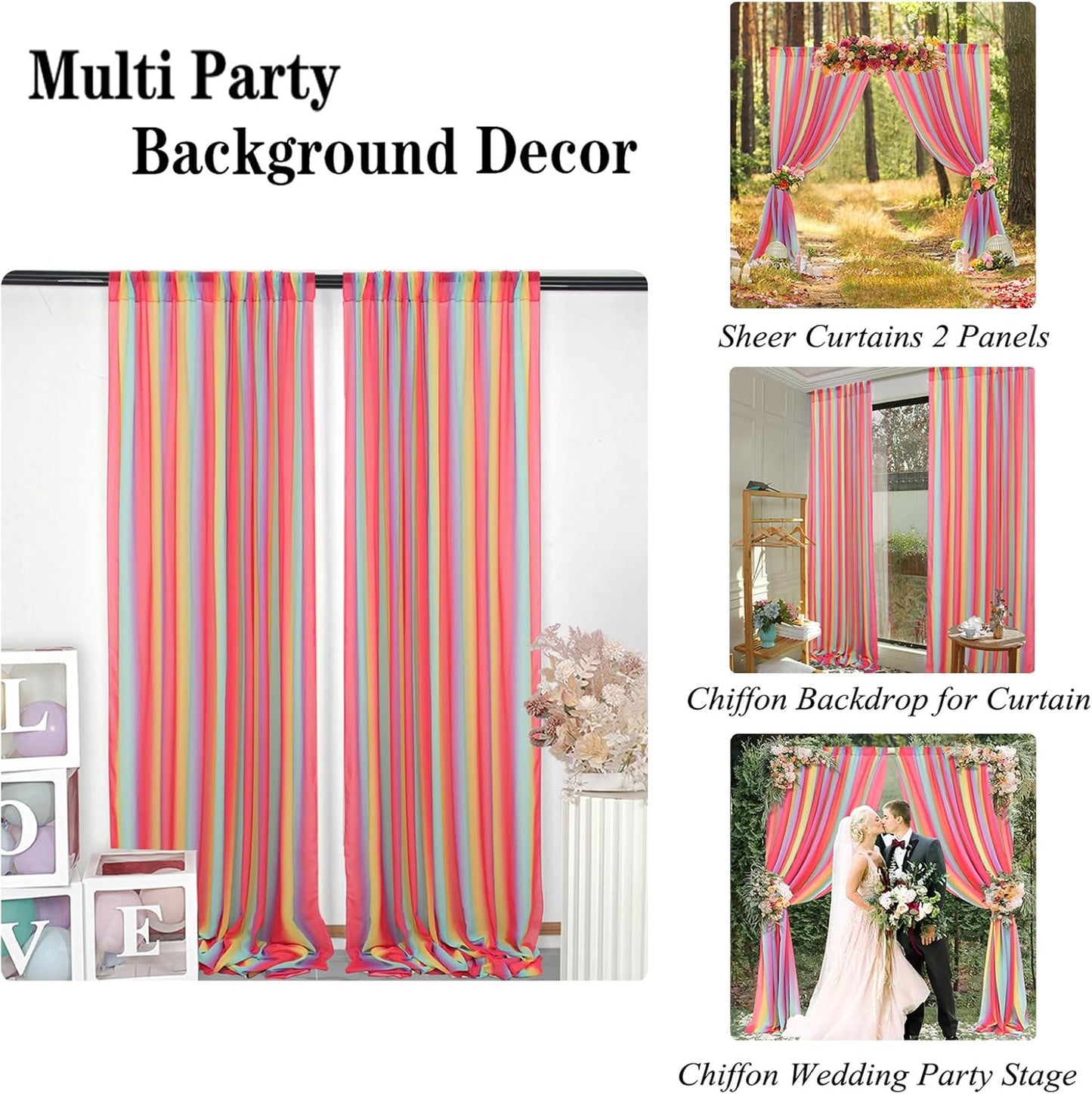 DUOBAO Rainbow Chiffon Wedding Arch Decor - Lightweight Sheer Fabric Archway for Ceremonies, Photo Backdrops, Parties (108" Tall x 29" Wide, 2 Panels)