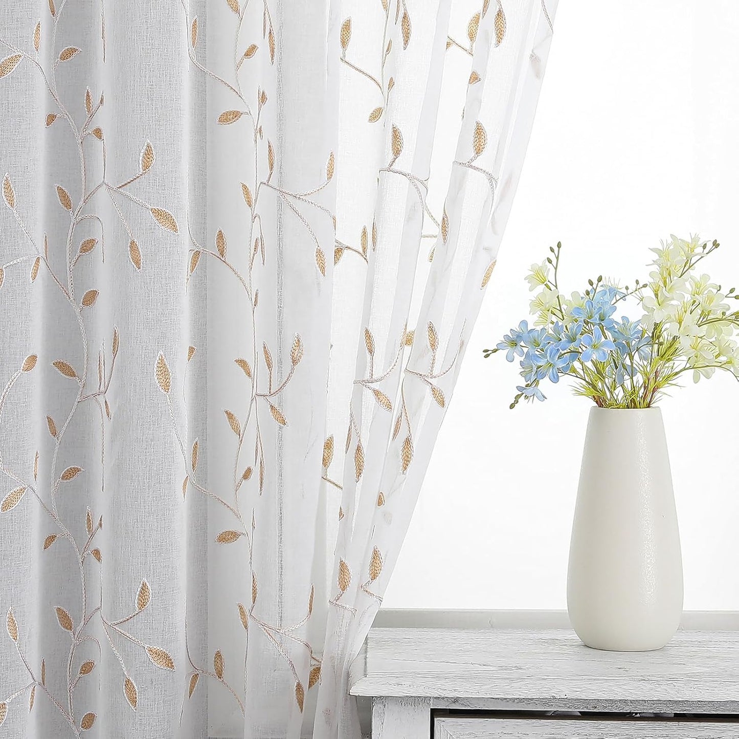 VISIONTEX White Sheer Voile Curtains, Decorative Orange Leaves Embroidery Faux Linen Rod Pocket Window Drapes for Home Kitchen, Living Room and Bedroom 54 x 54 Inch, Set of 2 Curtain Panels