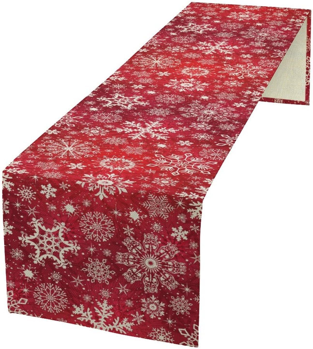 Snowflakes Christmas Table Runner, Winter Holiday Red Table Cloth Kitchen Dining Table Decoration for Home Party Decor 13x108 Inch
