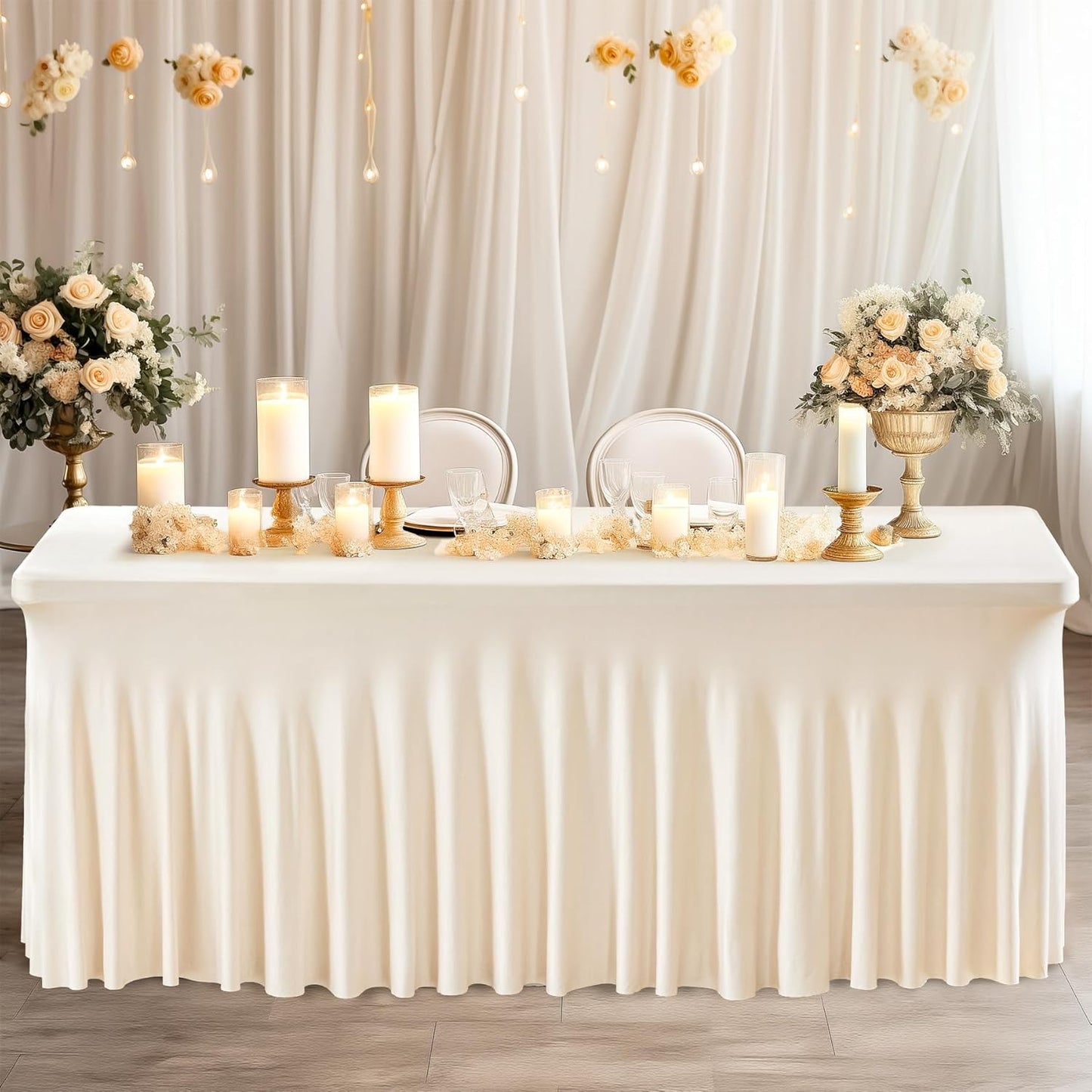 Wish Care 2 Pack Ivory Spandex Table Clothes for 6 Foot Rectangle Tables, 6FT Wrinkle Free Fitted Tablecloths Ruffles Design Table Cover for Party, Banquet, Wedding and Events