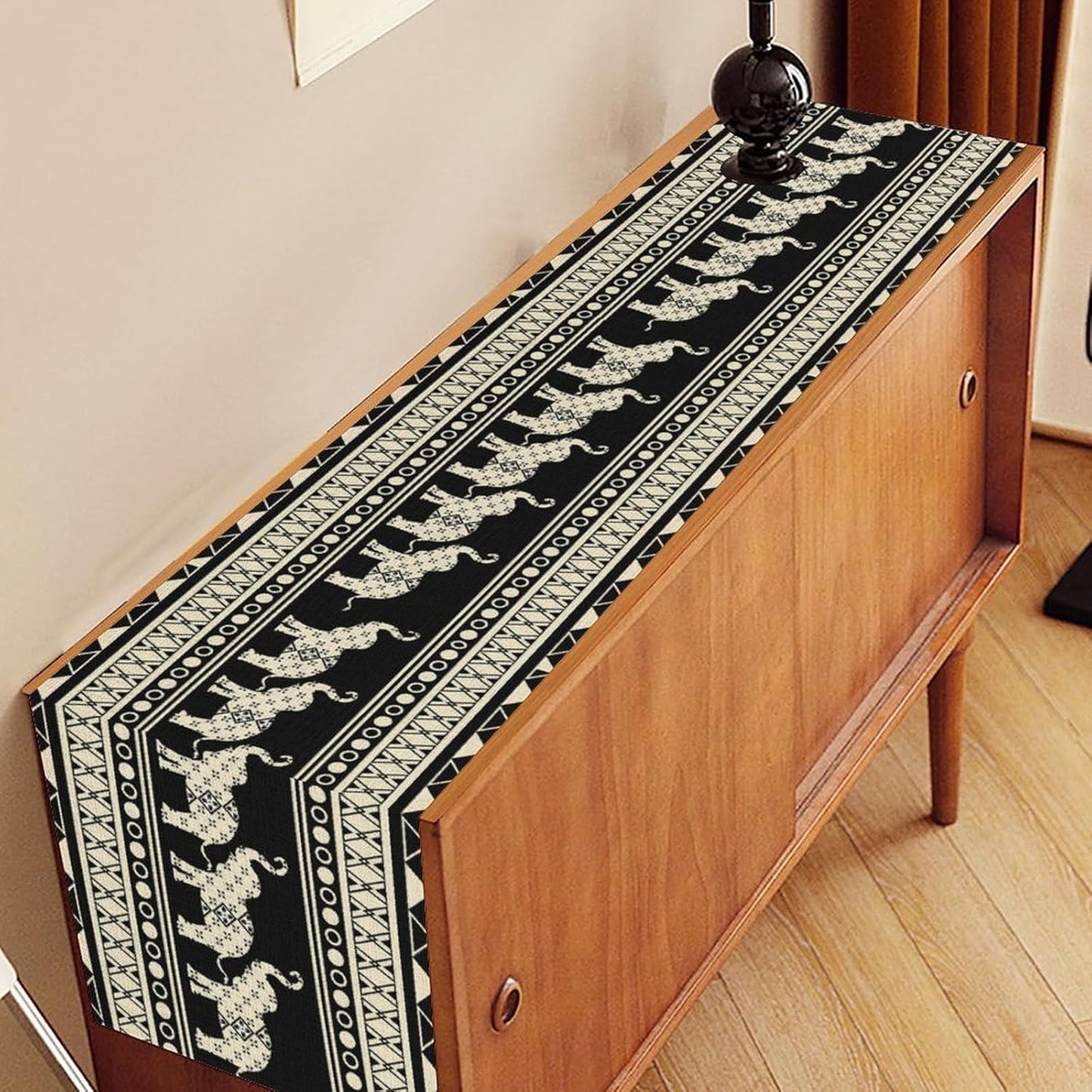 Ethnic Table Runner, Rustic Farmhouse Boho Geometric Elephant Aztec Tribal Print Black Table Center Decor for Home Kitchen Dining Patio Holiday Party Indoor Outdoor Table Decorations, 13"x36" Inch