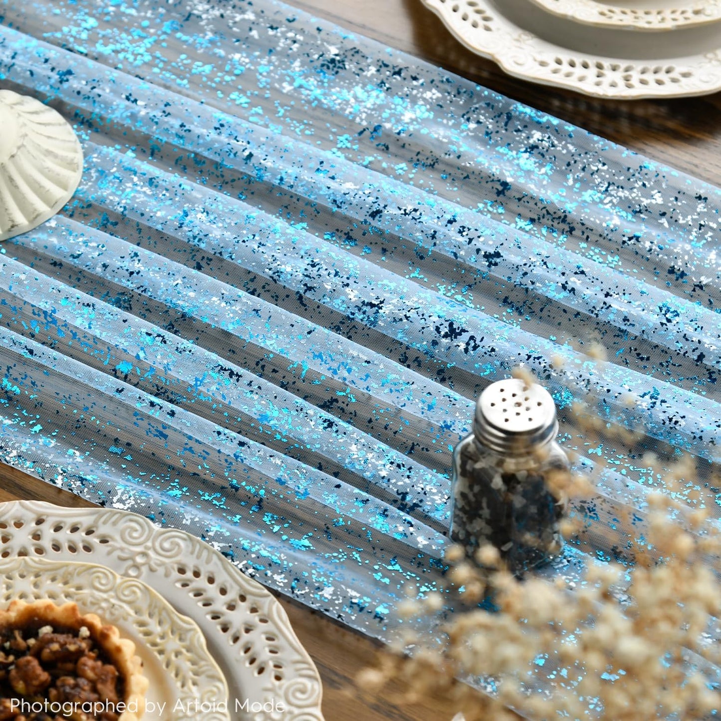 Artoid Mode Light Blue Gold Gauze Table Runner 120 Inch 10FT, Glitter Metallic Foil Sheer Dining Wedding Anniversary Holiday Table Decor for Home Party