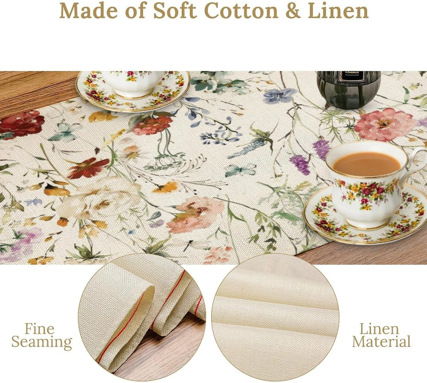 Floral Butterfly Table Runner,Rustic Colorful Flower Botanical Watercolor Pattern Print Burlap for Hotel Indoors Outdoor Dining Room Kitchen Holiday Party, 13x80in