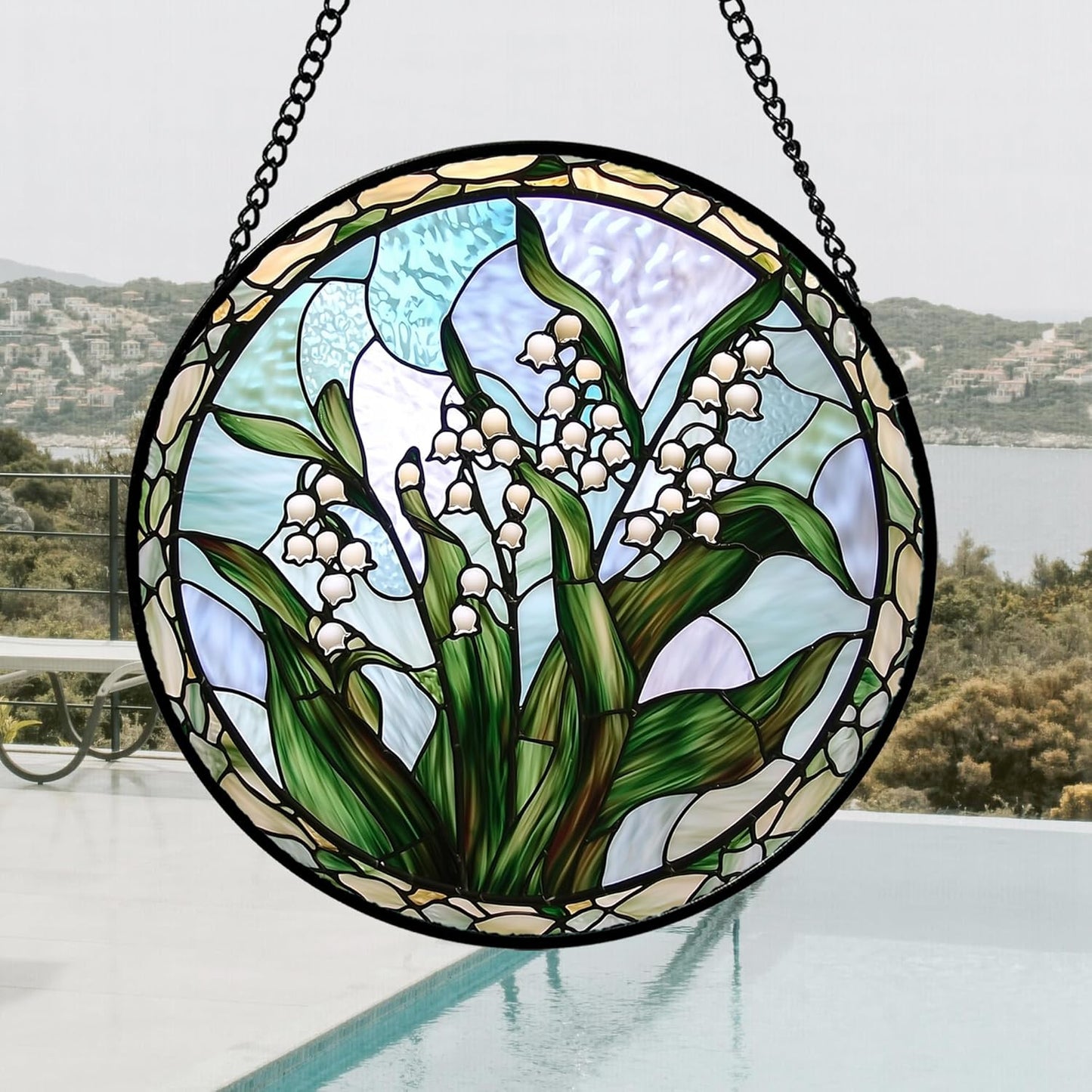 Stained Glass Window Hanging, White Green Lily of The Walley Flowers Sun Catcher for Door Home Decor Plants Suncatcher Christmas Mother's Day Birthday Gifts for Women Men Mom Nana 7.8 in