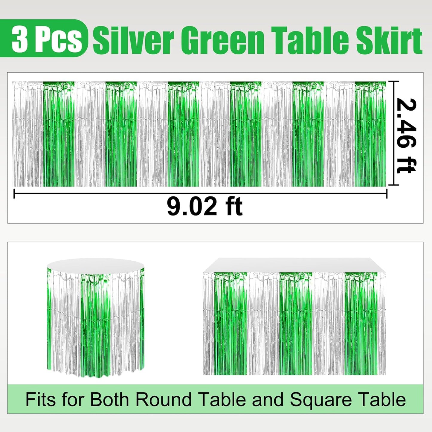 3 Pack 29 x108 Inch Silver Green Foil Fringe Table Skirts Metallic Banner for Tinsel Streamer Garland Backdrop for Parade Floats Wedding Thanksgiving Birthday Christmas New Year Party Decoration