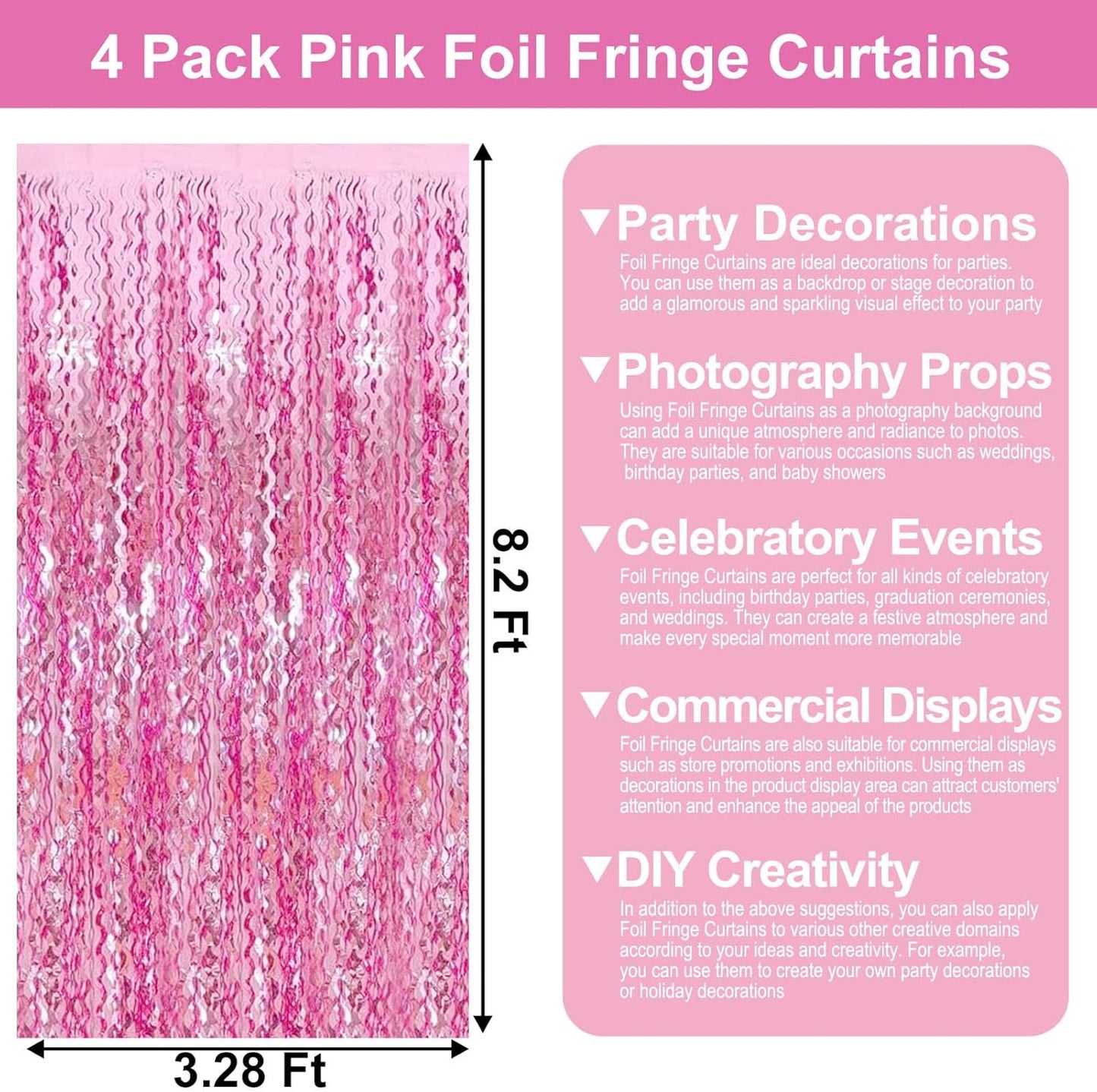 4 Pack Pink Wave Foil Fringe Curtain Backdrop, 3.28Ft x 8.2Ft Metallic Tinsel Foil Fringe Streamer Curtains for Photo Booth, Mother's Day, Easter, Birthday, Wedding Party Decoration