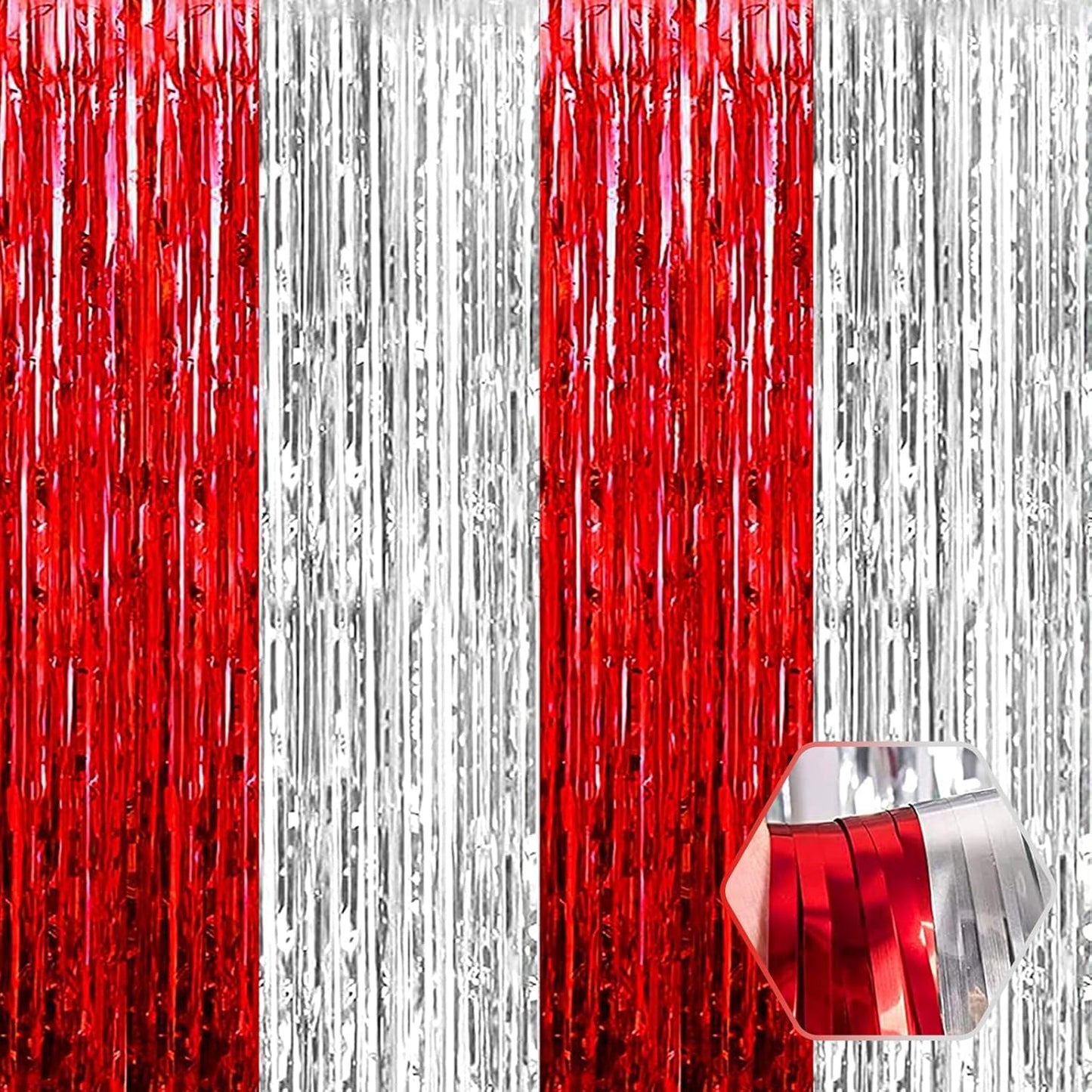3 Pack Red Silver Foil Fringe Curtain Backdrop, 3.28Ft x 8.2Ft Metallic Tinsel Foil Fringe Streamer Curtains for Photo Booth, Christmas Day, Thanksgiving, Wedding, New Year Party Decorations