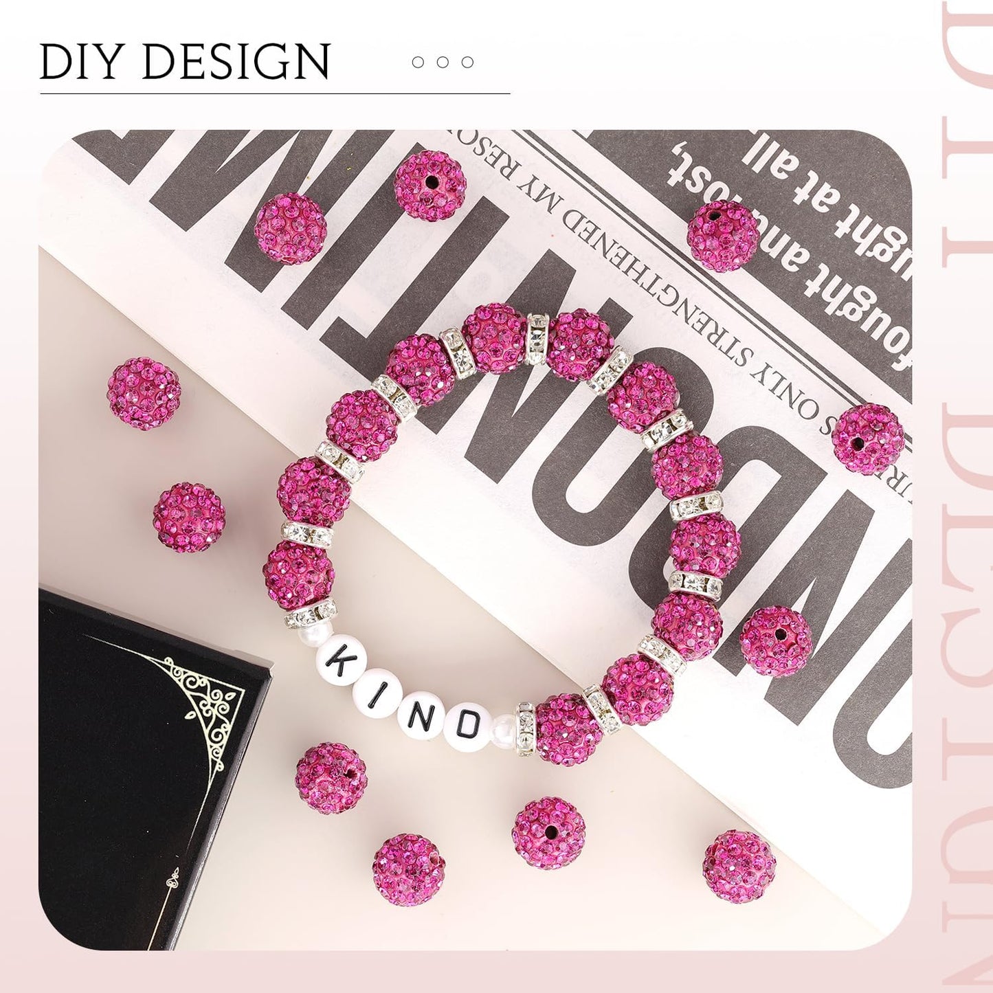 150 pcs 10mm Rhinestone Beads for Jewelry Making, Fuchsia Shiny Round Shamballa Disco Beads Bulk, Sparkle Crystal Clay Christmas for Bracelet Baseball Necklace Earring Crafting and DIY