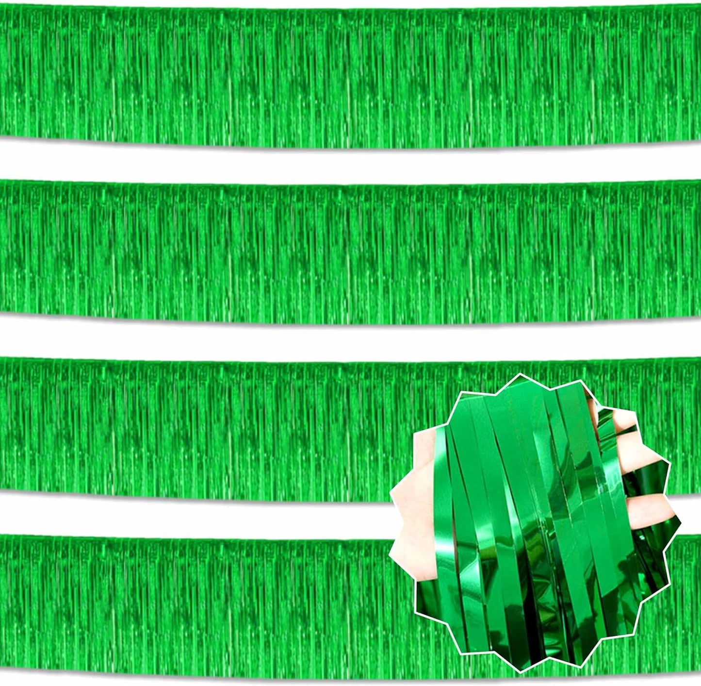 4 Pack 10 Ft Green Foil Fringe Garland Metallic Streamers Tinsel Banner Wall Hanging Garland Backdrop for Parade Floats, Halloween, Christmas, Thanksgiving, New Year Party Decorations