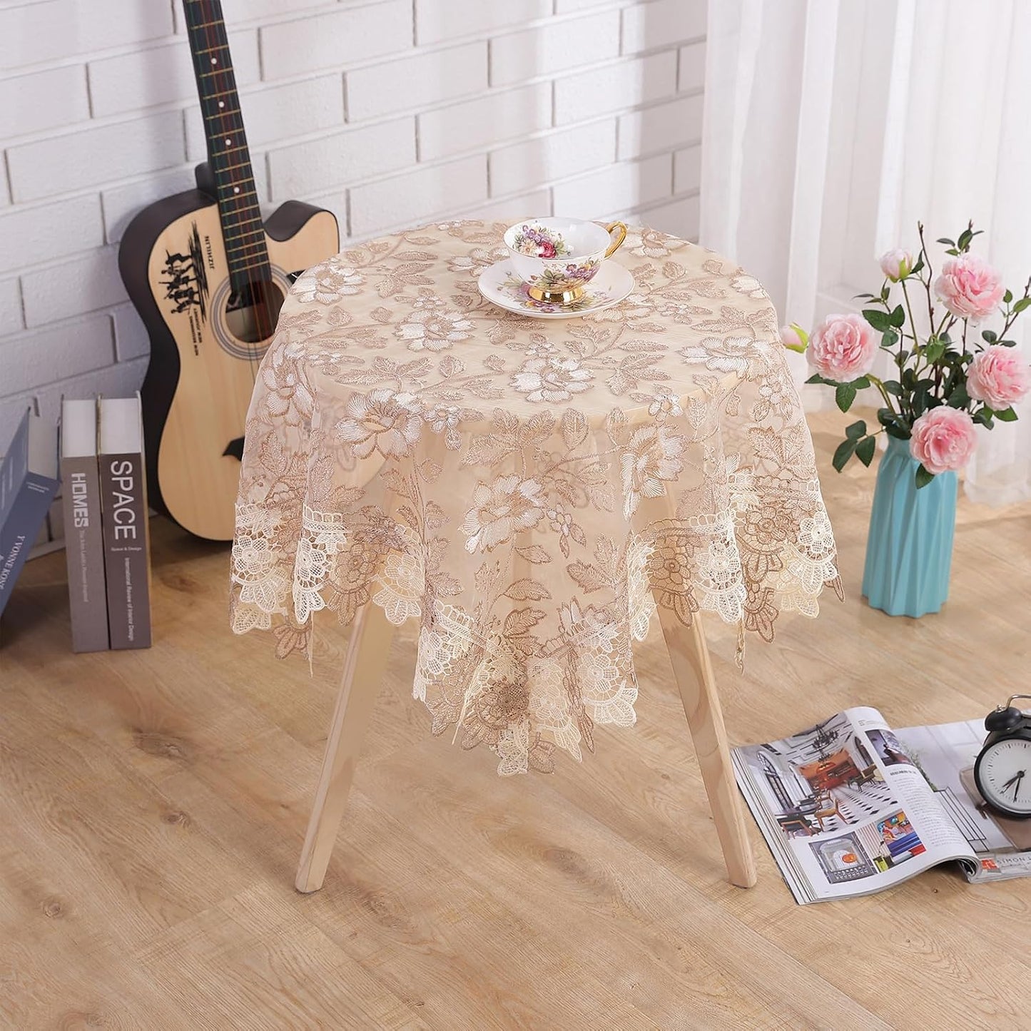 Round Embroidered Lace Tablecloth Vintage Decorative Exquisite Border Table Cover for Party Wedding Home Decorations, Round-60, Beige