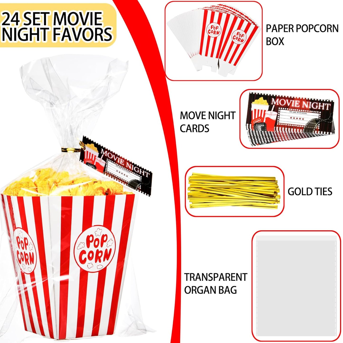 24set Movie Night Party Favors include Paper Popcorn Box Cellophane Bags and Ticket for Movie Theme Birthday Wedding Party Supplies