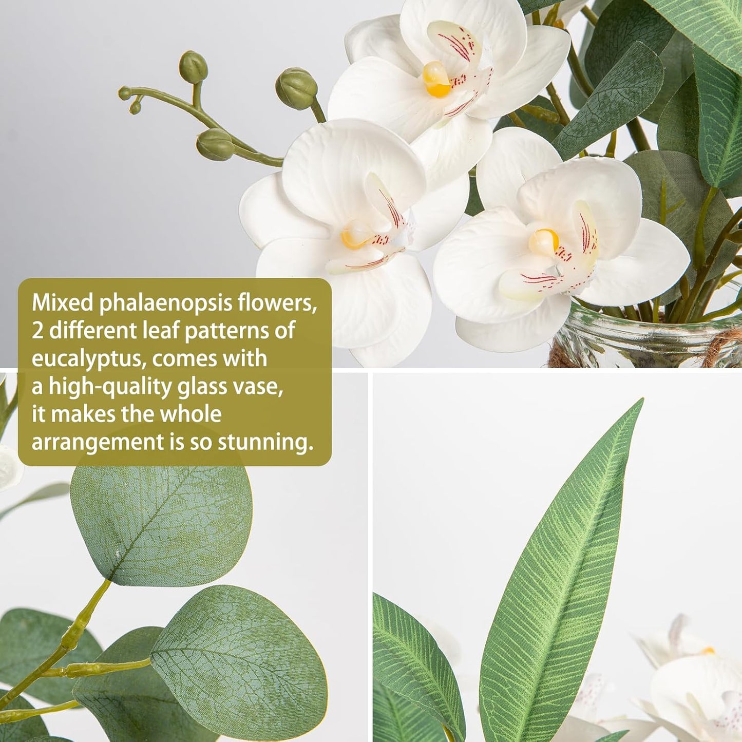 White Orchids Artificial Flowers with Vase Fake Flowers in Vase Artificial Eucalyptus Stems in Glass Vases with Faux Water Faux Orchid with Eucalyptus Leaves Arrangement for Dining Table Centerpiece