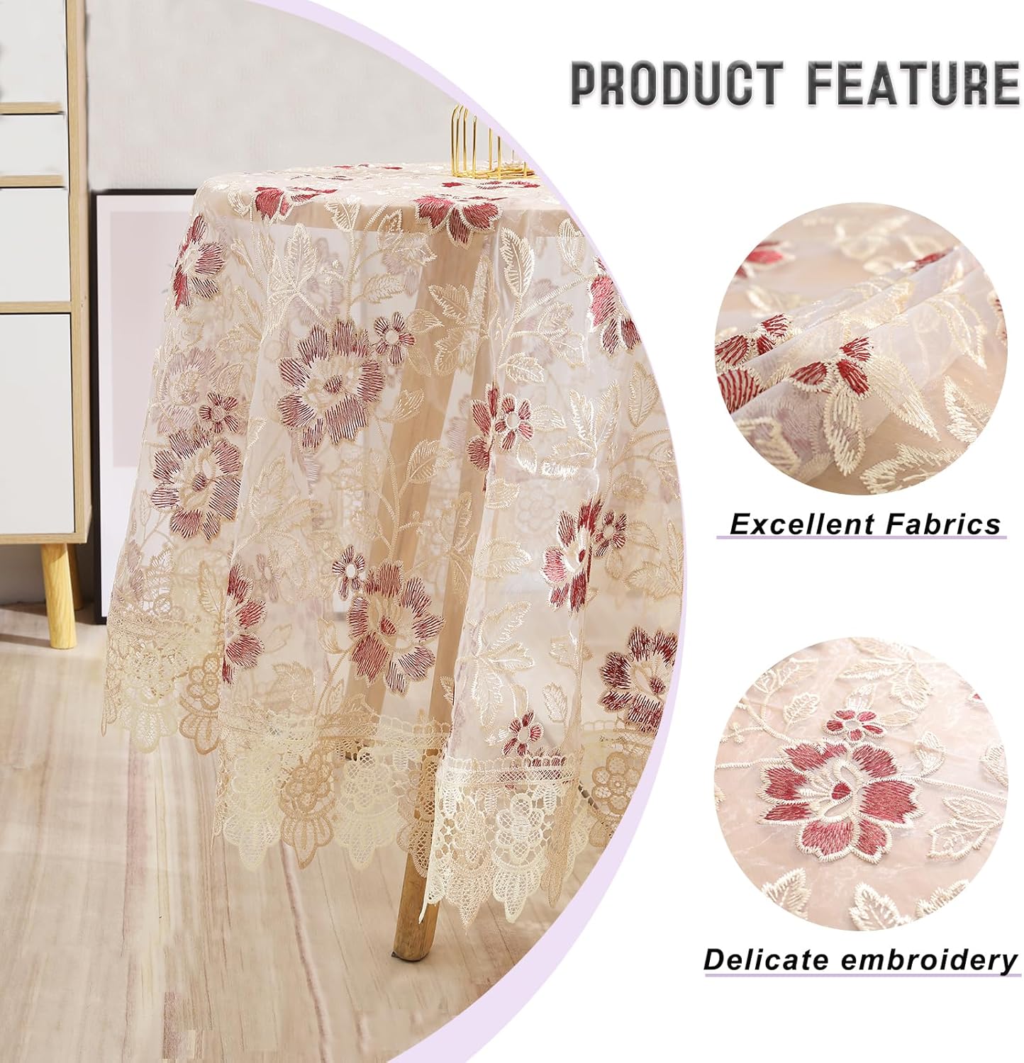 Round Embroidered Lace Tablecloth Vintage Decorative Exquisite Border Table Cover for Party Wedding Home Decorations, Round-35, Red