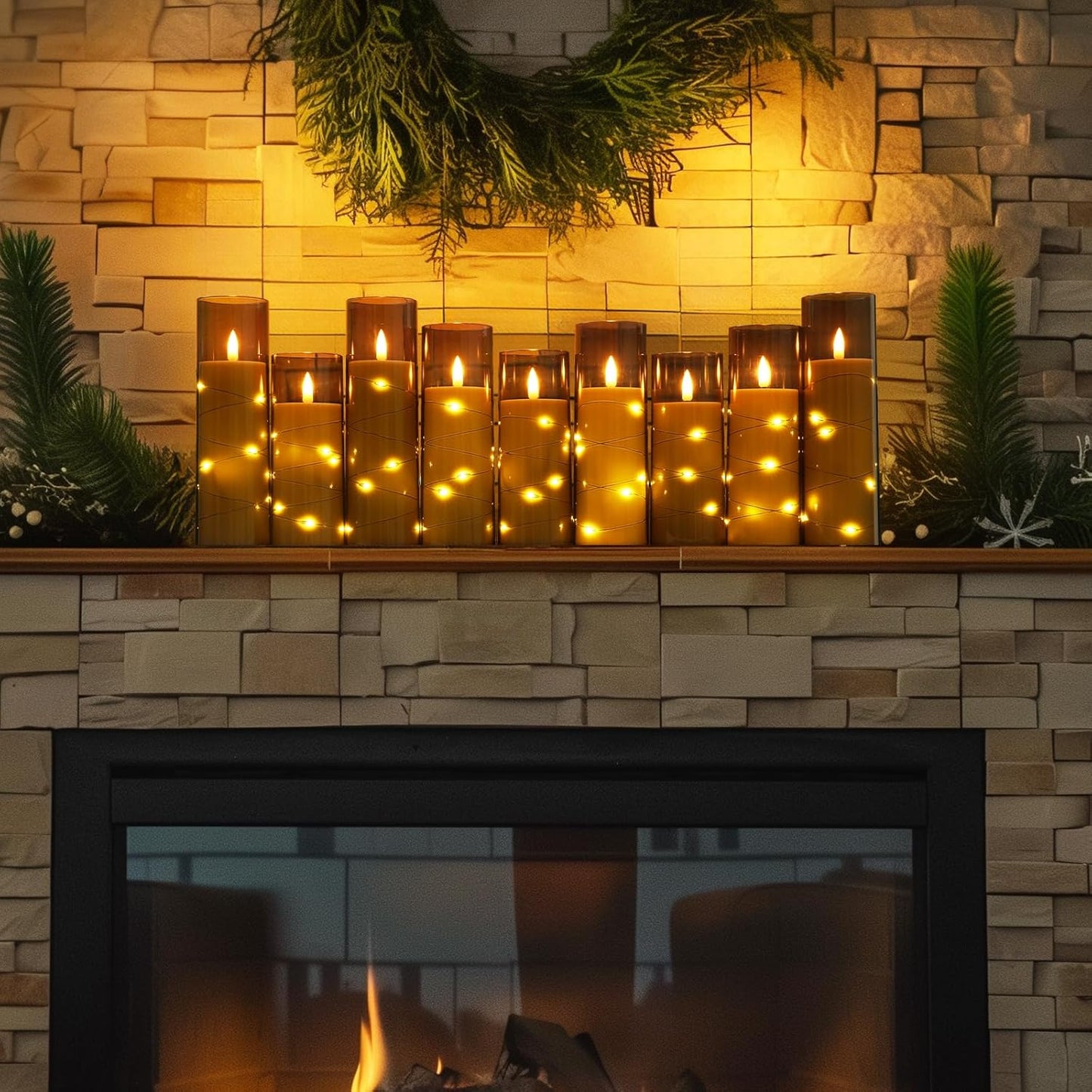 Homemory Flameless Candles with Embedded Star String Fairy Lights, Acrylic Battery Operated Candles with Remote Control and Timer, Flickering LED Candle for Halloween, Grey, Set of 9, D2.2”xH5”6”7”