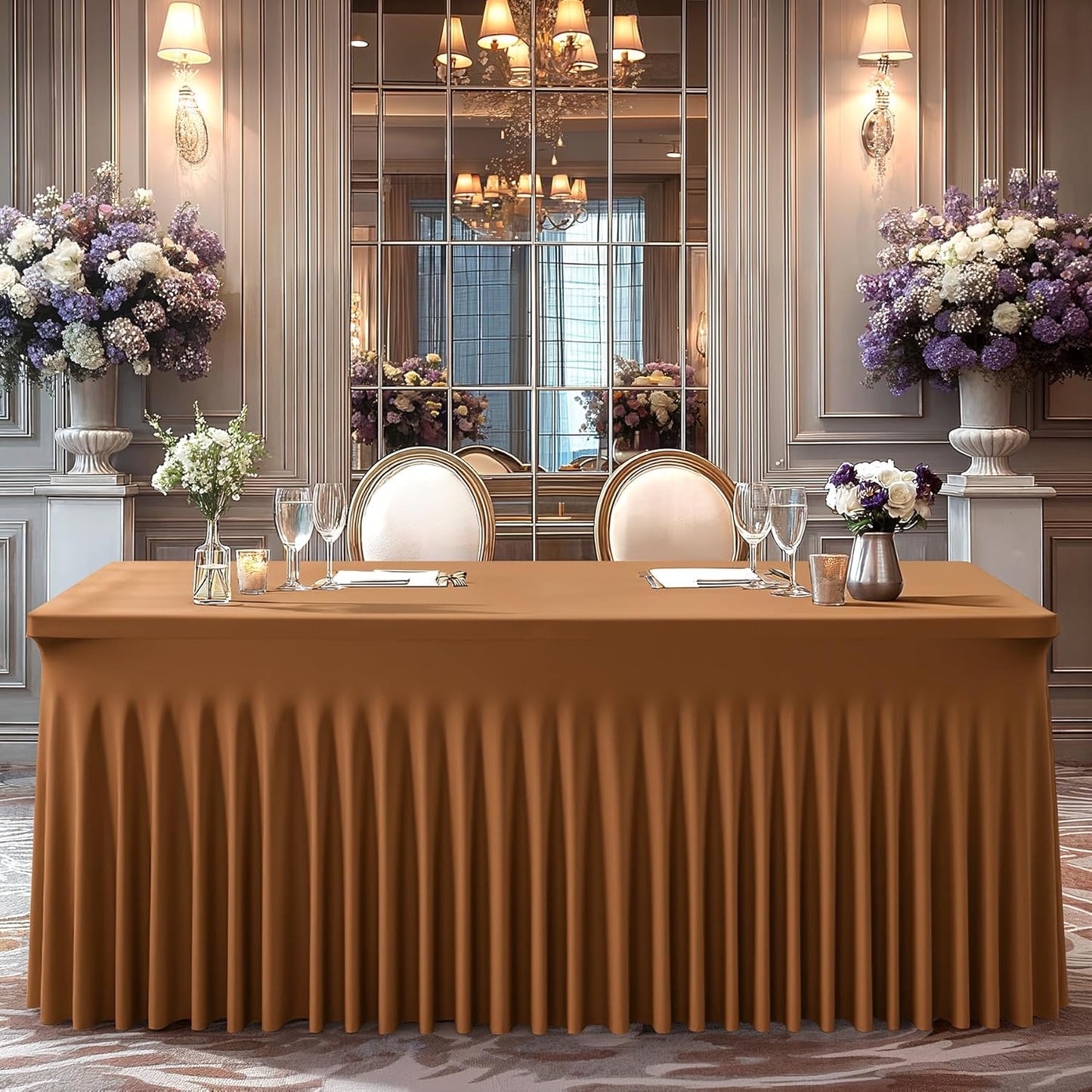 Wish Care 6 Pack Brown Spandex Table Clothes for 6 Foot Rectangle Tables, 6FT Wrinkle Free Fitted Tablecloths Ruffles Design Table Cover for Party, Banquet, Wedding and Events