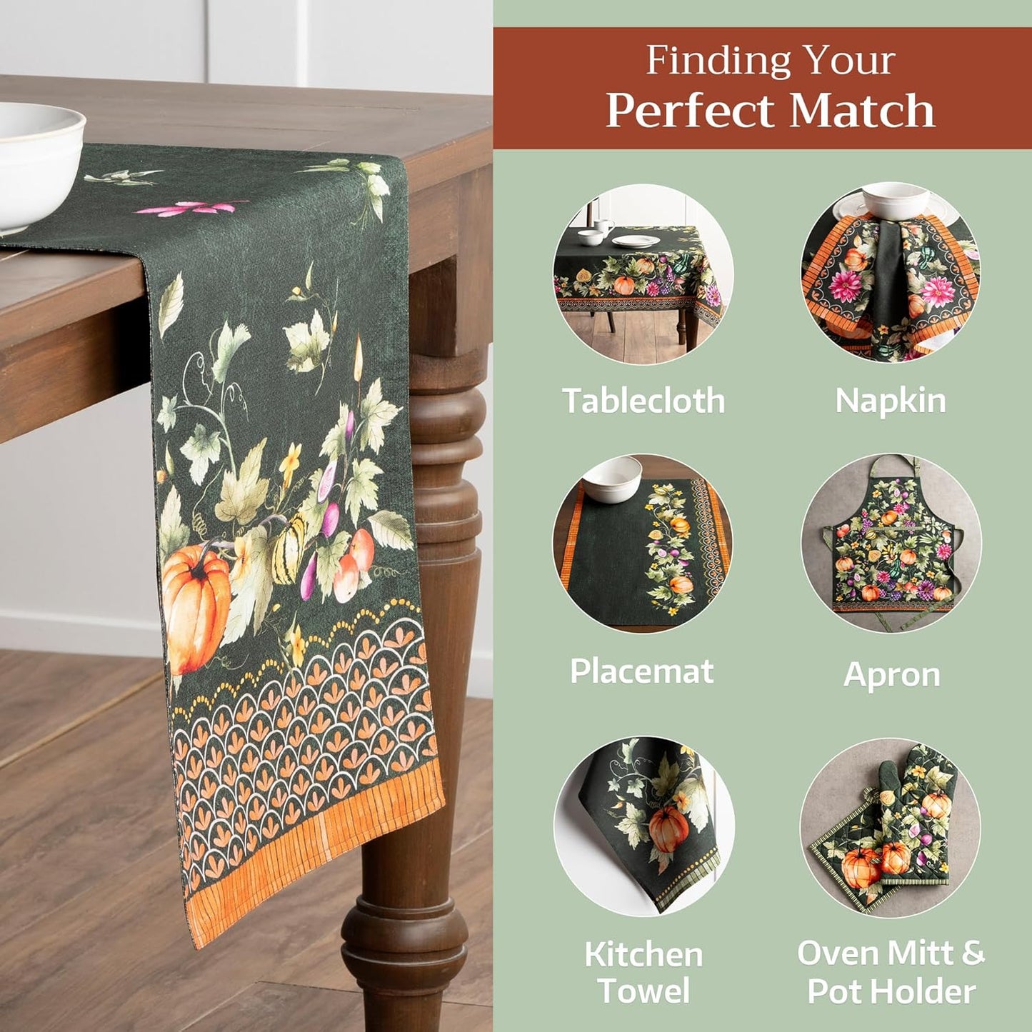 Maison d' Hermine Table Runner 100% Cotton Double Layer Table Runners 108 inches Long for Thanksgiving Christmas Decorations Home Kitchen Dining Wedding (Pumpkin Garden - Dark Green, 14.5" x 108")