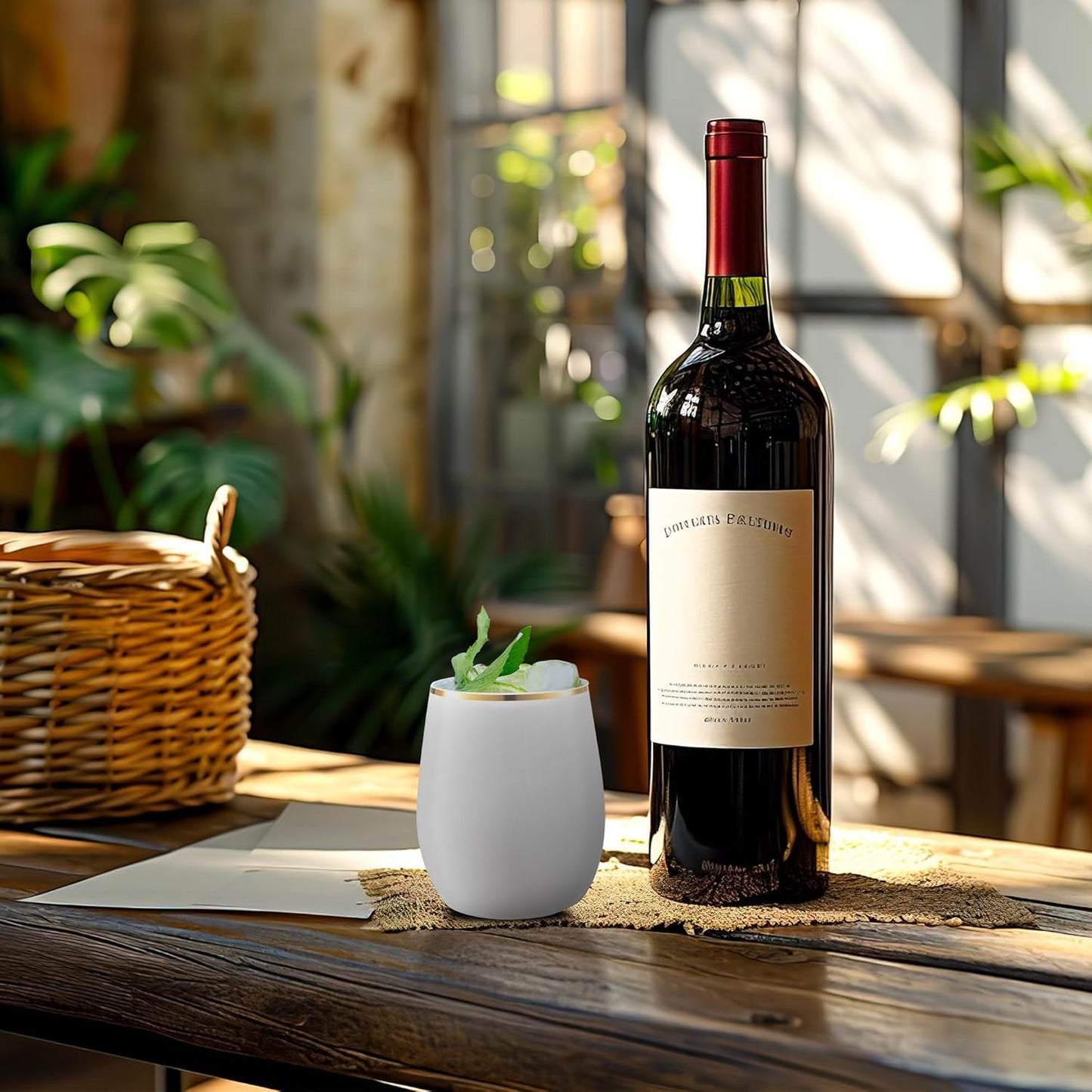 Smarty Had A Party 64 White with Gold Elegant Stemless Plastic Wine Glasses, 12 oz Disposable Drinkware, Plastic Wine Glasses for Parties