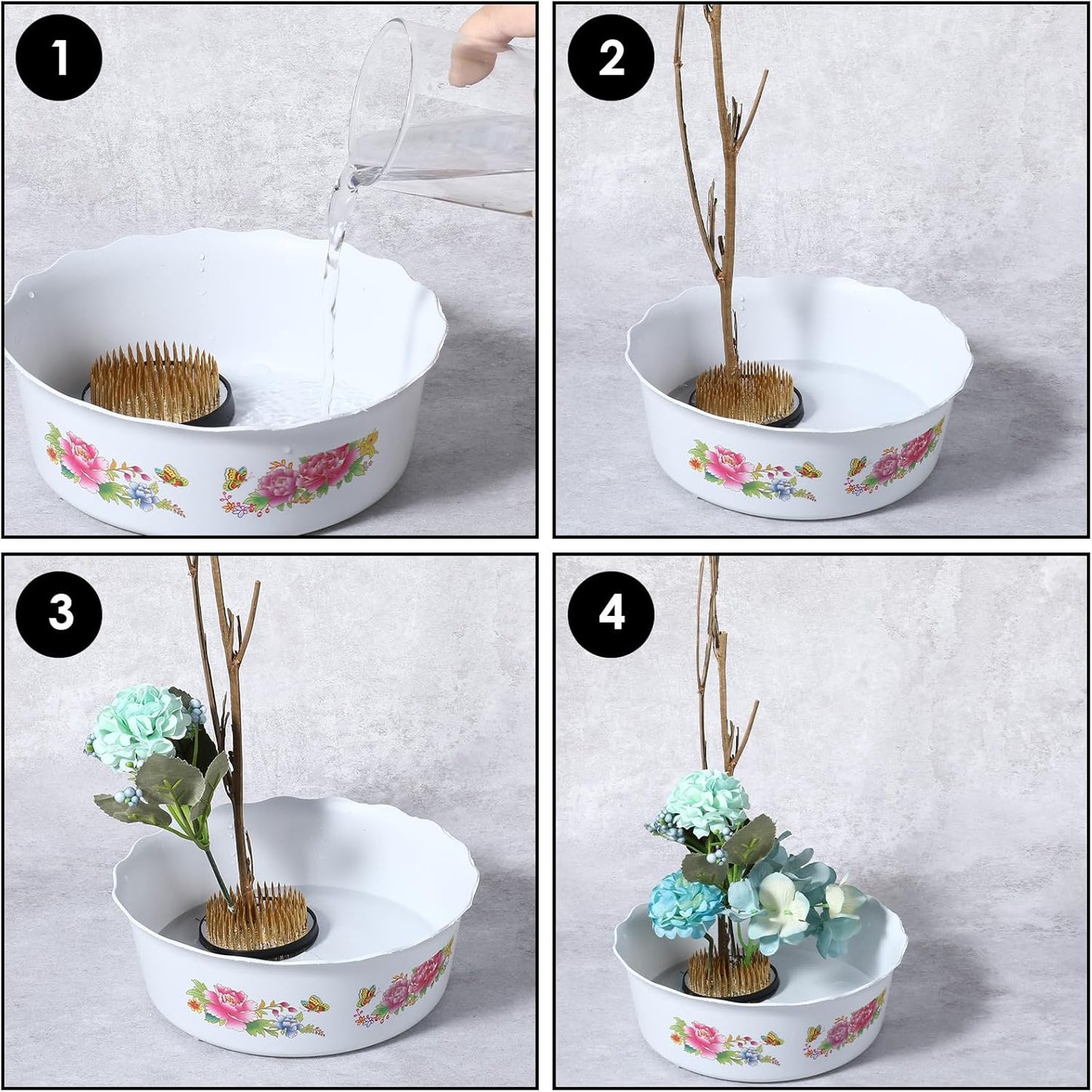 4/Set Flower Frog Japanese Ikebana Flower Arrangement Kenzan Kit, 2.4”Round Floral Frog Moribana+1.6”Square Ikebana Kenzan+2.1”x1.4”Rectangle Pin Frog+1.4”Round