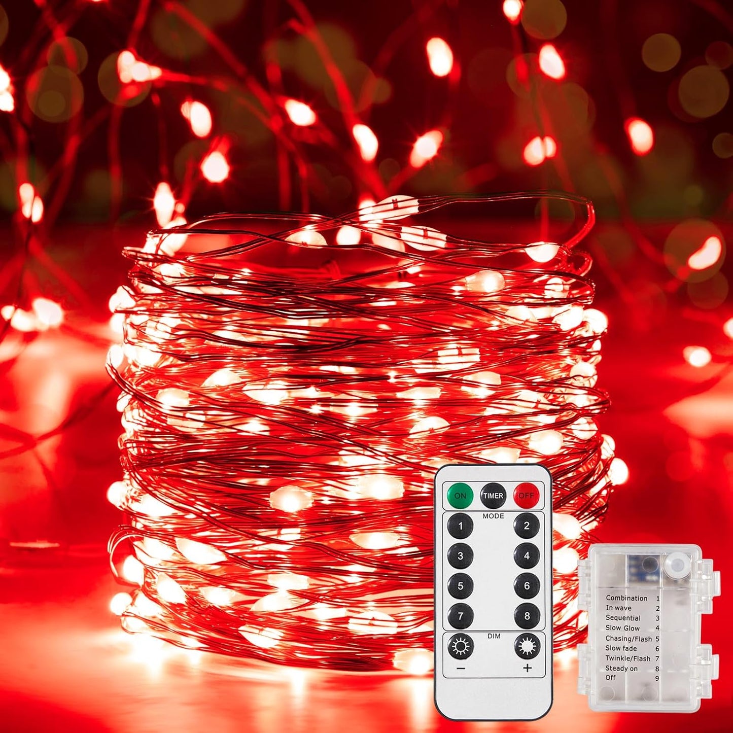 2 Pack 16.4 Ft. Battery Operated Outdoor String Lights with Remote & Timer, LED Red Fairy Lights, Waterproof Twinkle Lights for Bedroom, Dorm, Mason Jar, Wedding, Party, Christmas