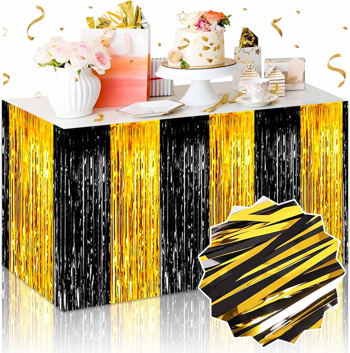 3 Pack 29 x108 Inch Black and Gold Foil Fringe Table Skirts Metallic Banner for Tinsel Streamer Garland Backdrop for Parade Floats Mother's Day, Graduate, Birthday, Wedding Party Decoration