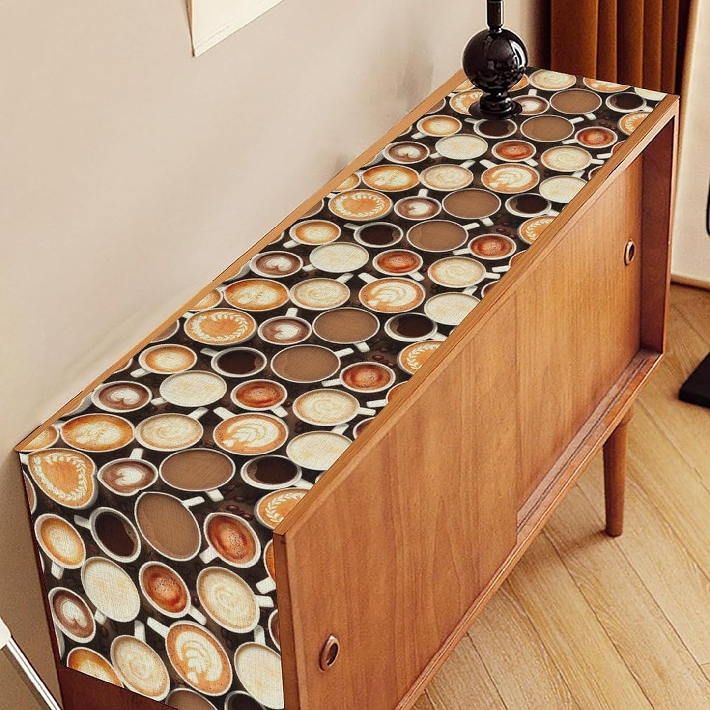 Coffee Theme Table Runner, Farmhouse Coffee Cup Latte Cappuccino Tea Party Rustic Cafe Table Center Decor for Home Kitchen Dining Patio Holiday Party Indoor Outdoor Table Decorations,13"x90" Inch