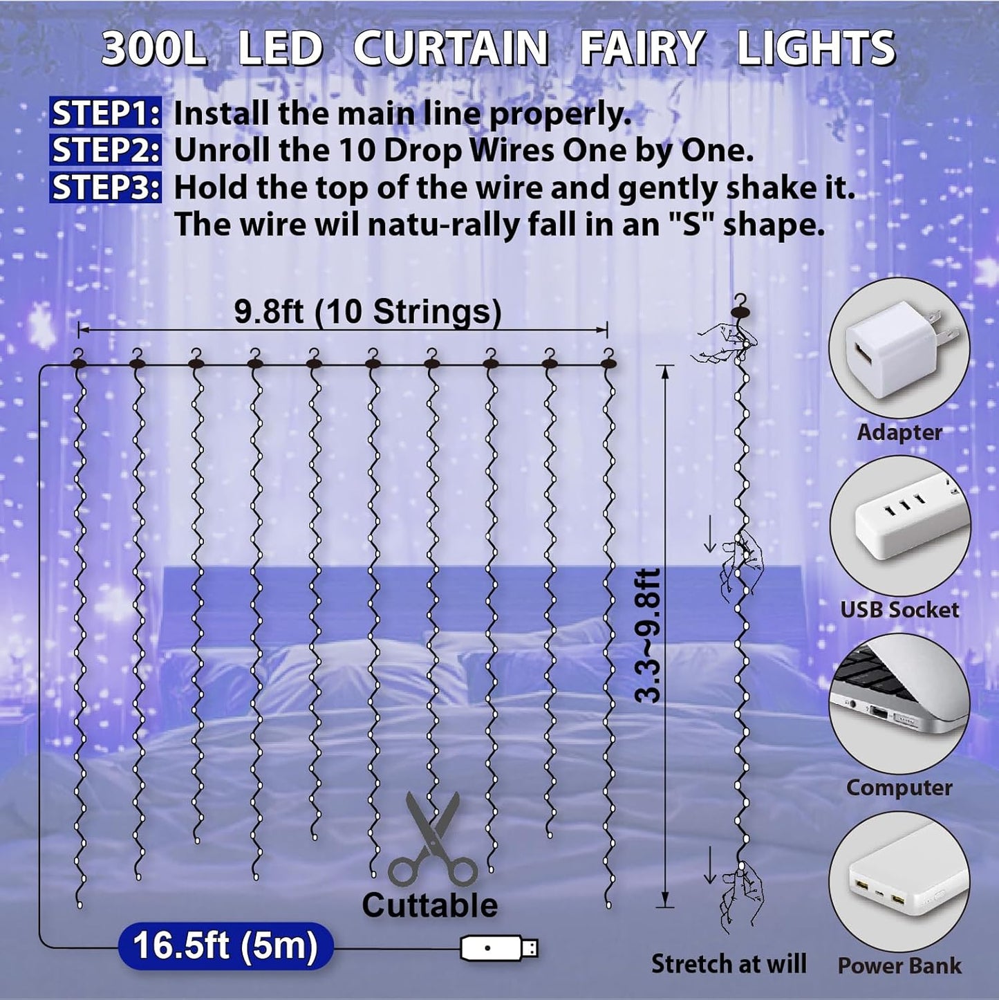 HXWEIYE 300LED Fairy Curtain Lights, 9.8x9.8Ft USB Plug-in 8 Modes Christmas String Hanging Lights with Remote for Bedroom Backdrop Wedding Party Indoor Wall Decor, Blue