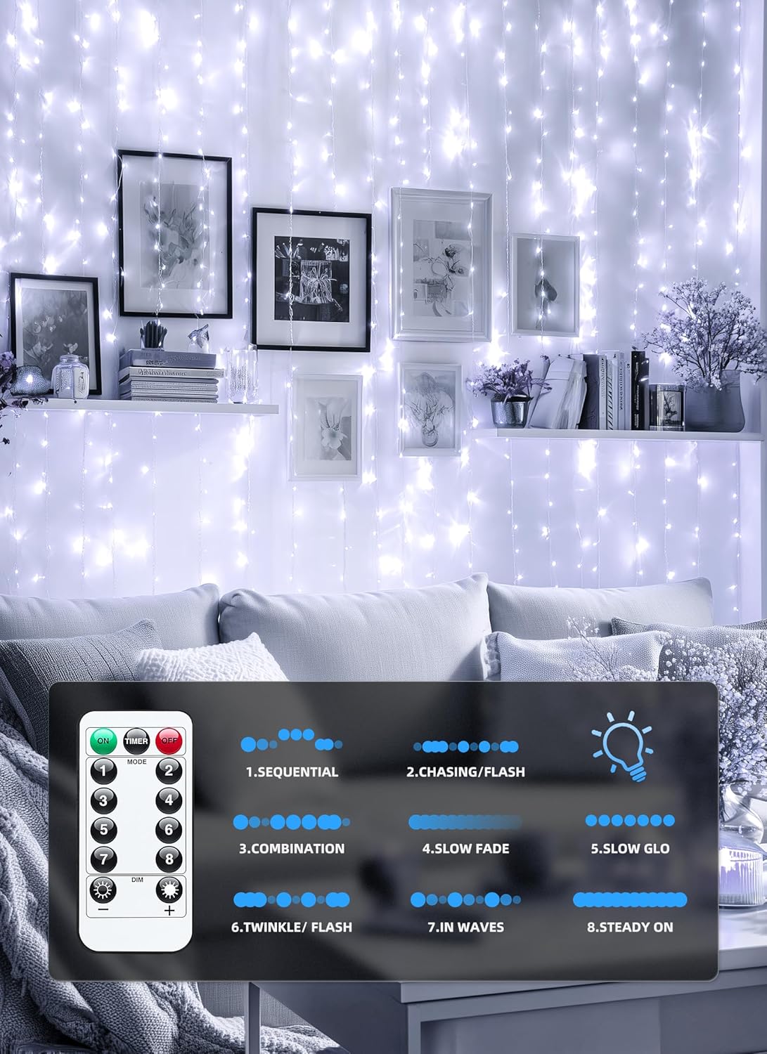 Brightown 300 LED Fairy Curtain Lights, 9.8ft x 9.8ft White Curtain String Lights, Winter Wonderland Decorations, USB Plug 8 Modes LED Christmas String Hanging Lights with Remote for Indoor Outdoor