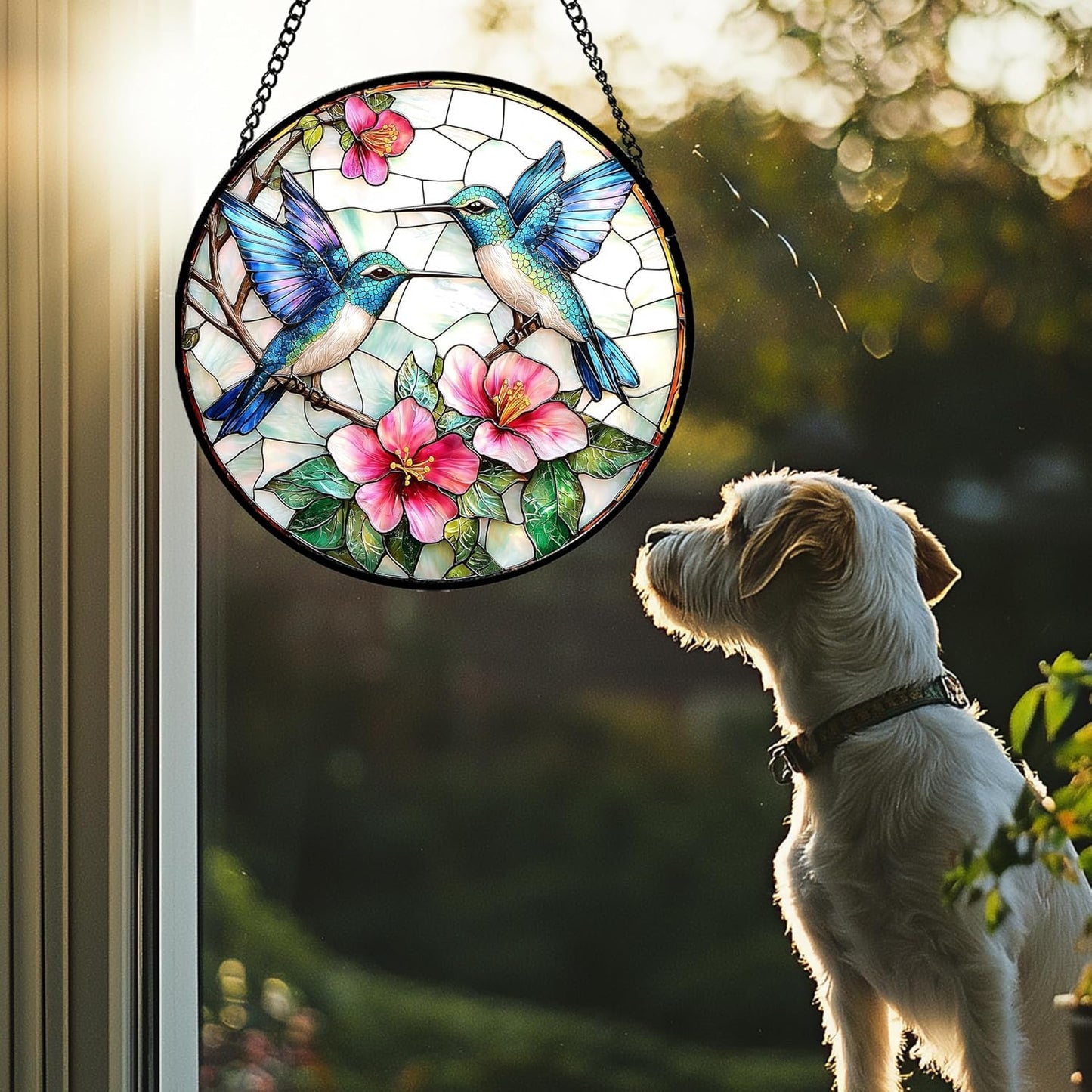 Stained Glass Window Hanging - Blue White Hummingbirds Pink Flowers Suncatcher for Door Terrace Garden Home Decor Bird Sun Catcher Birthday Gifts for Lovers Women Men Dad Mom Nana 15 in