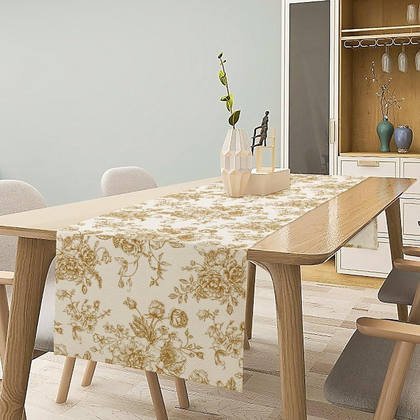 Retro Floral Table Runner, Golden White Wildfloral Sketch Print Kitchen Dinning Table Runner for Indoor Outdoor Home Wedding Party Holiday, 13x60 Inch