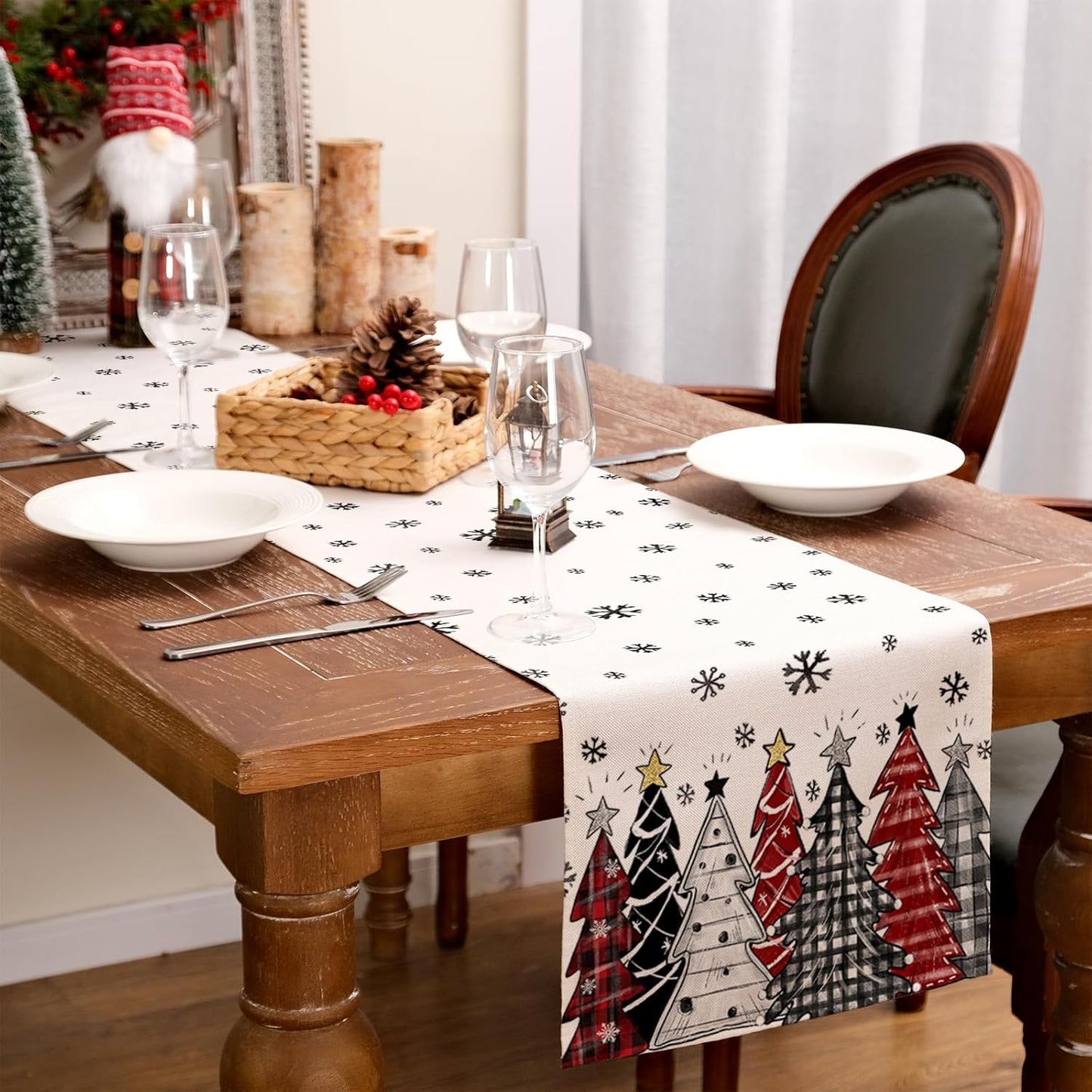 GEEORY Christmas Table Runner 13x120 Inch, Xmas Tees Snowflakes Holiday Decorative Farmhouse Table Decoration for Kitchen Dinning, Indoor Outdoor Dinner Party Decor ((Red & Black) GT165-120