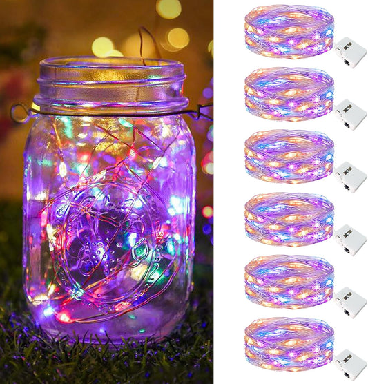 btfarm 6 Pack Fairy Lights Battery Operated [3 Modes], 7ft 20 Led Twinkle Lights String Lights Waterproof Bulk Small Mini Silver Wire for Mason Jars Vases Wedding Table Centerpiece, Multicolor