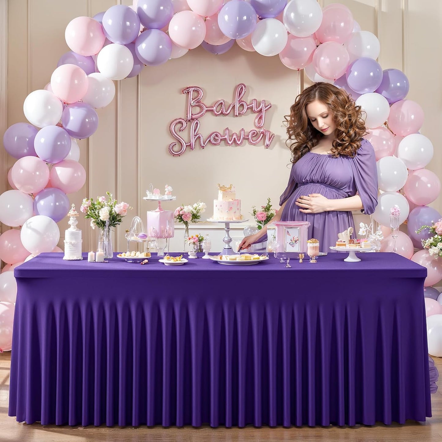 Wish Care 2 Pack Dark Purple Spandex Table Clothes for 4 Foot Rectangle Tables, 4FT Wrinkle Free Fitted Tablecloths Ruffles Design Table Cover for Party, Banquet, Wedding and Events