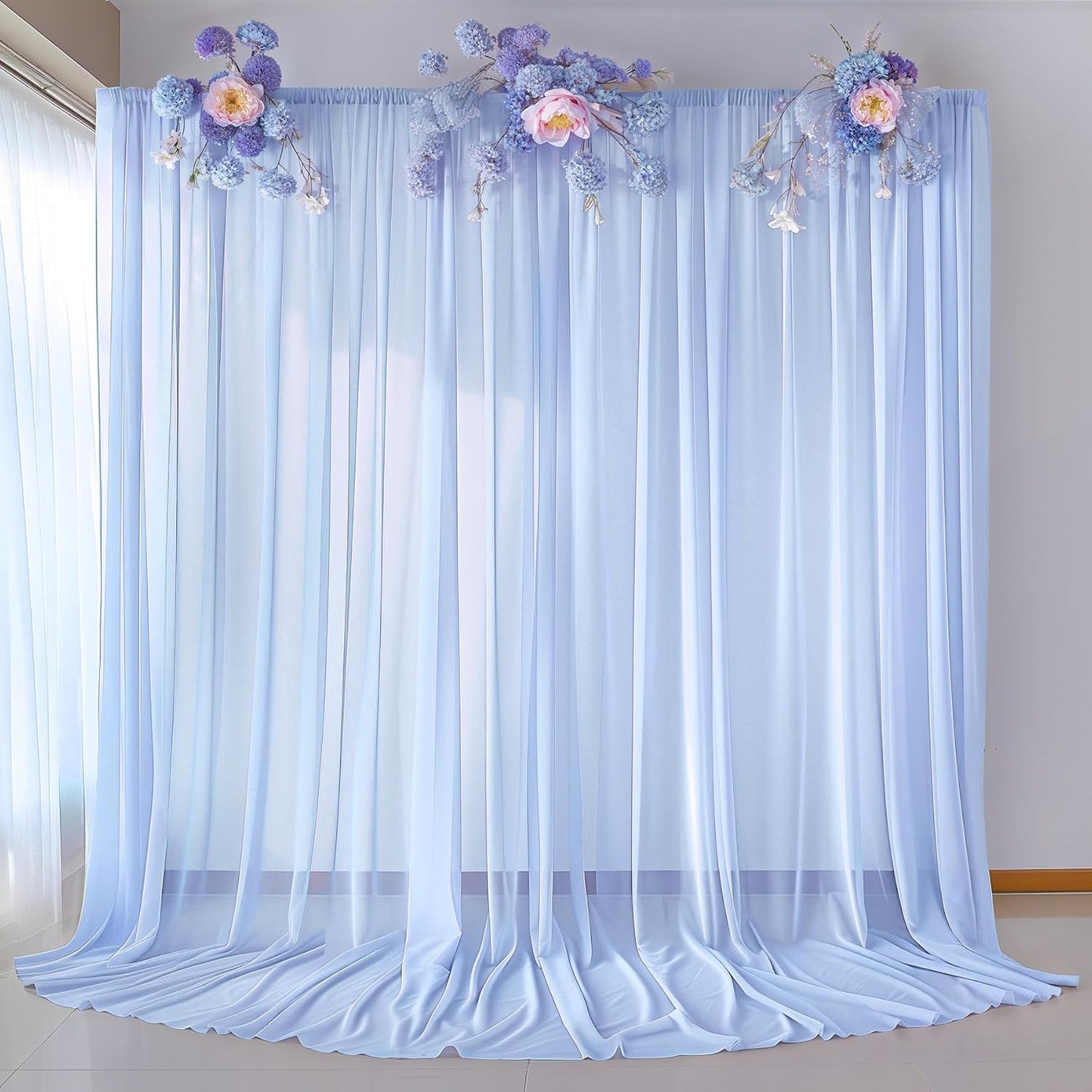 10ft x 10ft Baby Blue Backdrop Curtains, Wrinkle-Free Sheer Chiffon Fabric Photo Backdrop Draping Fabric for Wedding Arch Baby Shower Gender Reveal Photography Decorations