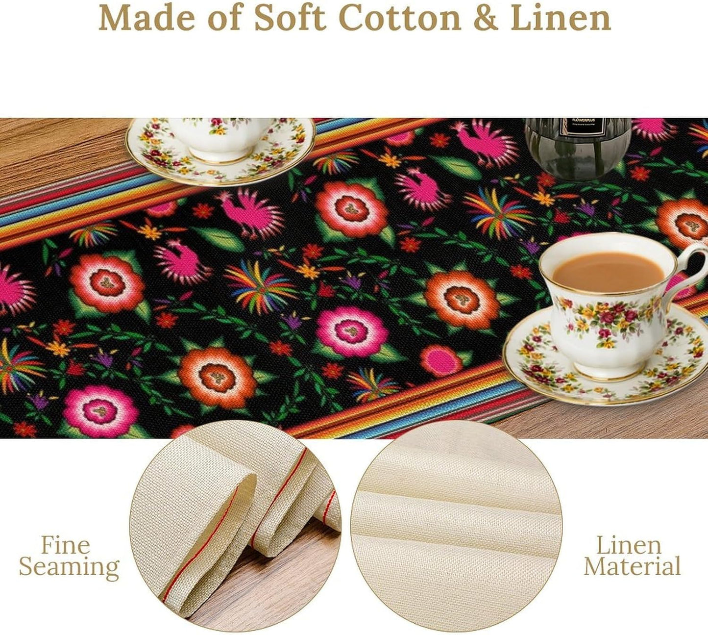 Mexican Table Runner,Colorful Flowers Cinco De Mayo Decor Table Runner for Kitchen Dining Table Home Party Decoration 13x72 Inch