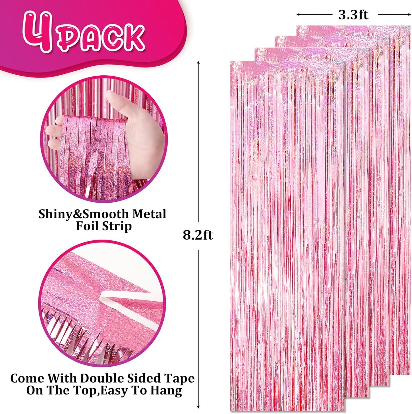 4 Pack 3.3x8.2 Feet Laser Pink Foil Fringe Backdrop Curtains, Tinsel Streamers Birthday Party Decorations, Fringe Backdrop for Graduation, Baby Shower, Gender Reveal, Disco Party