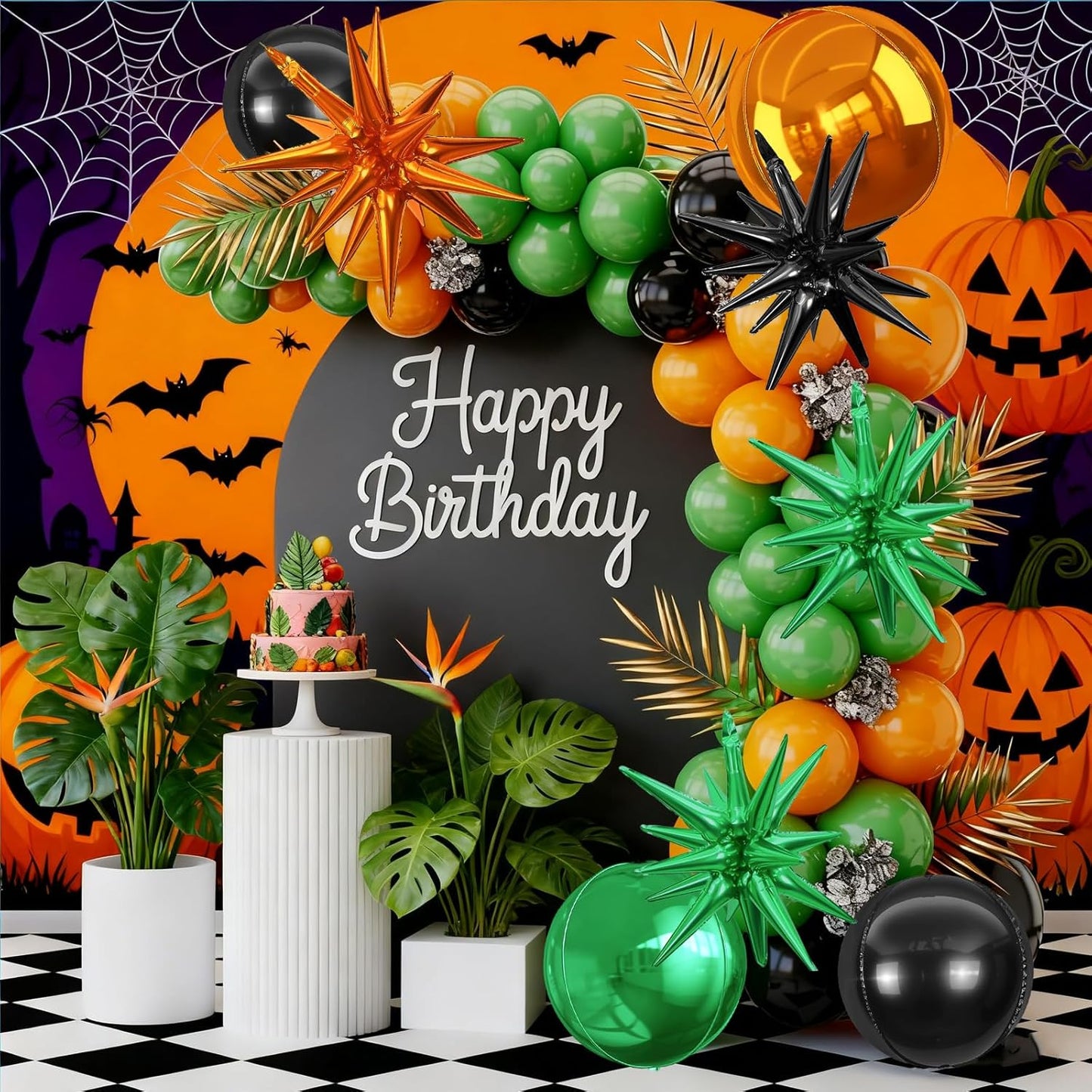6Pcs Black Green Orange Foil Balloons,22Inch Black Orange Green 4D Round Ball Balloon and Explosion Star Balloon for Halloween Birthday Wedding Baby Shower Anniversary Party Decorations