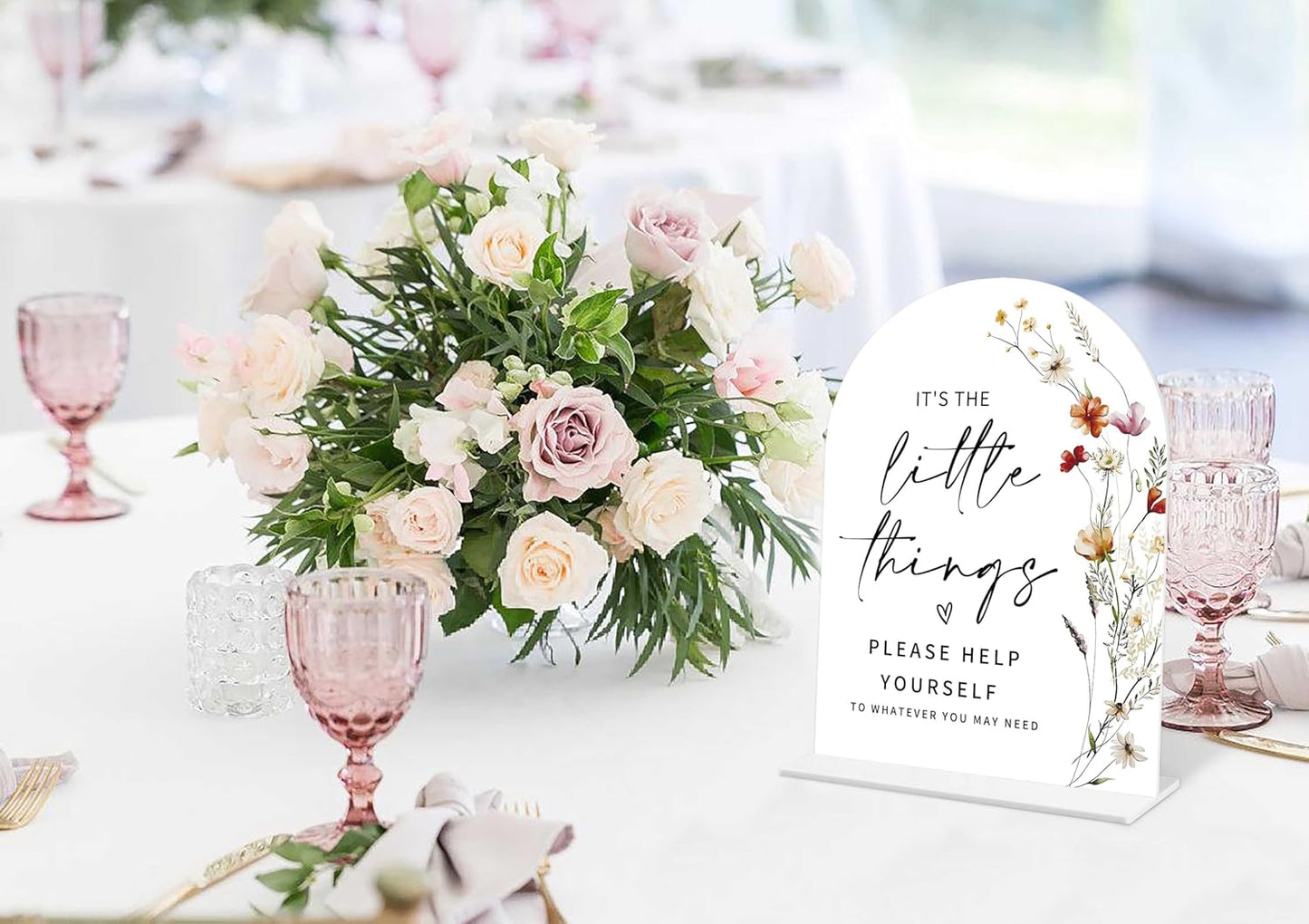 Boho Floral Wedding Bathroom Basket Sign, 6 x 8 Inch White Arch Acrylic Wedding Sign with Holder, Wedding Sign for Ceremony and Reception, Wedding Decoration, Wedding Supplies - BX09