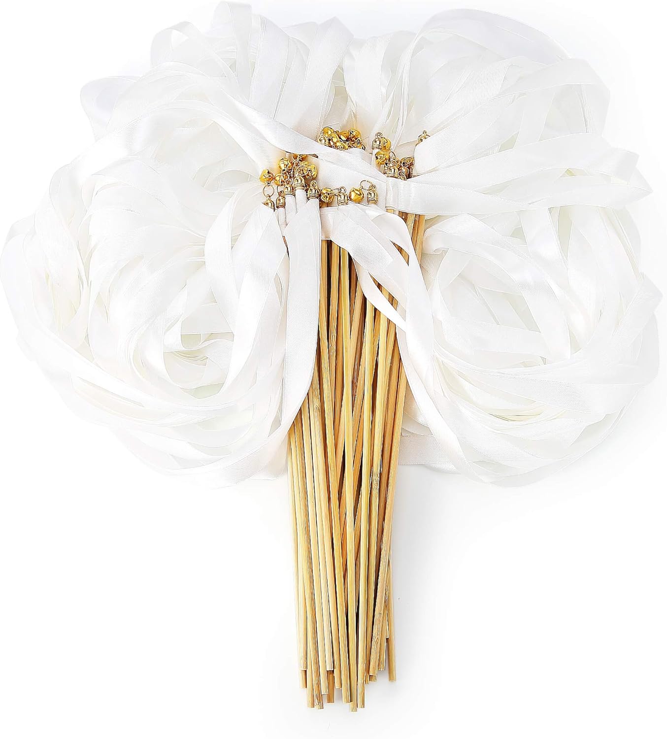 50pcs Ribbon Stick Wands Off White Streamers with Gold Bells for Wedding Party Favors for Guests