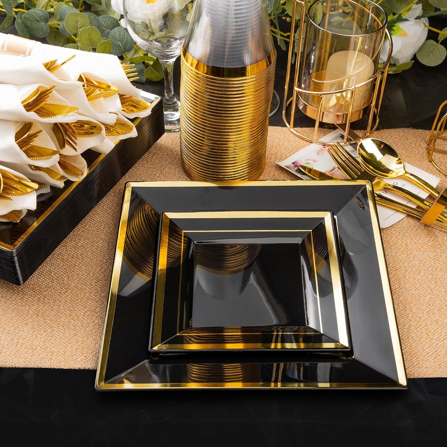 Goodluck 352 Piece Black Dinnerware Set for 50 Guests, Black Square Plastic Plates with Gold Trim, Include: 100 Plastic Plates, 50 Rolled Napkins, 50 Cups, 50 Cutlery Set and 2 Tablecloth