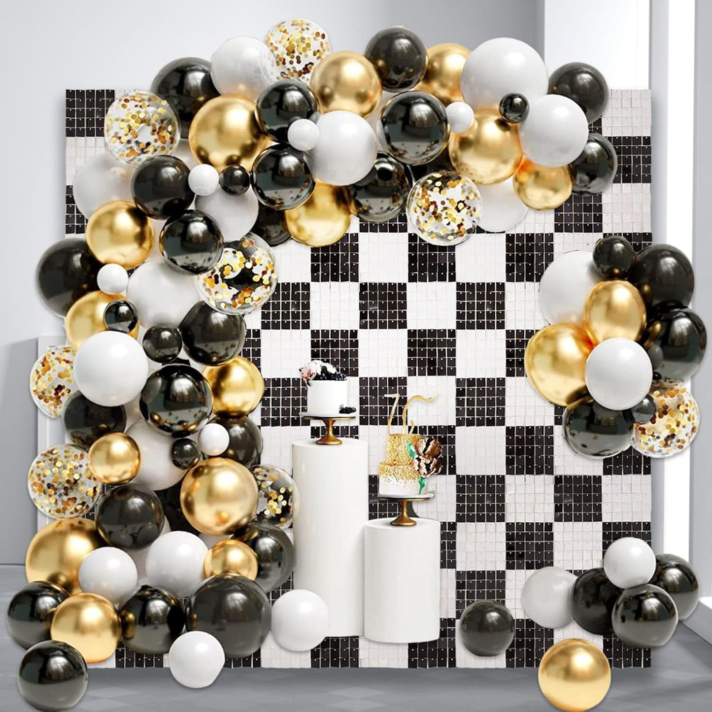 24PCS Black White Shimmer Wall Backdrop, Square Sequin Photo Backdrops Panel, Glitter Wall Background for Birthdays, Weddings, Christmas, Engagements, Baby Bridal Shower Party Decor (4FTx6FT)