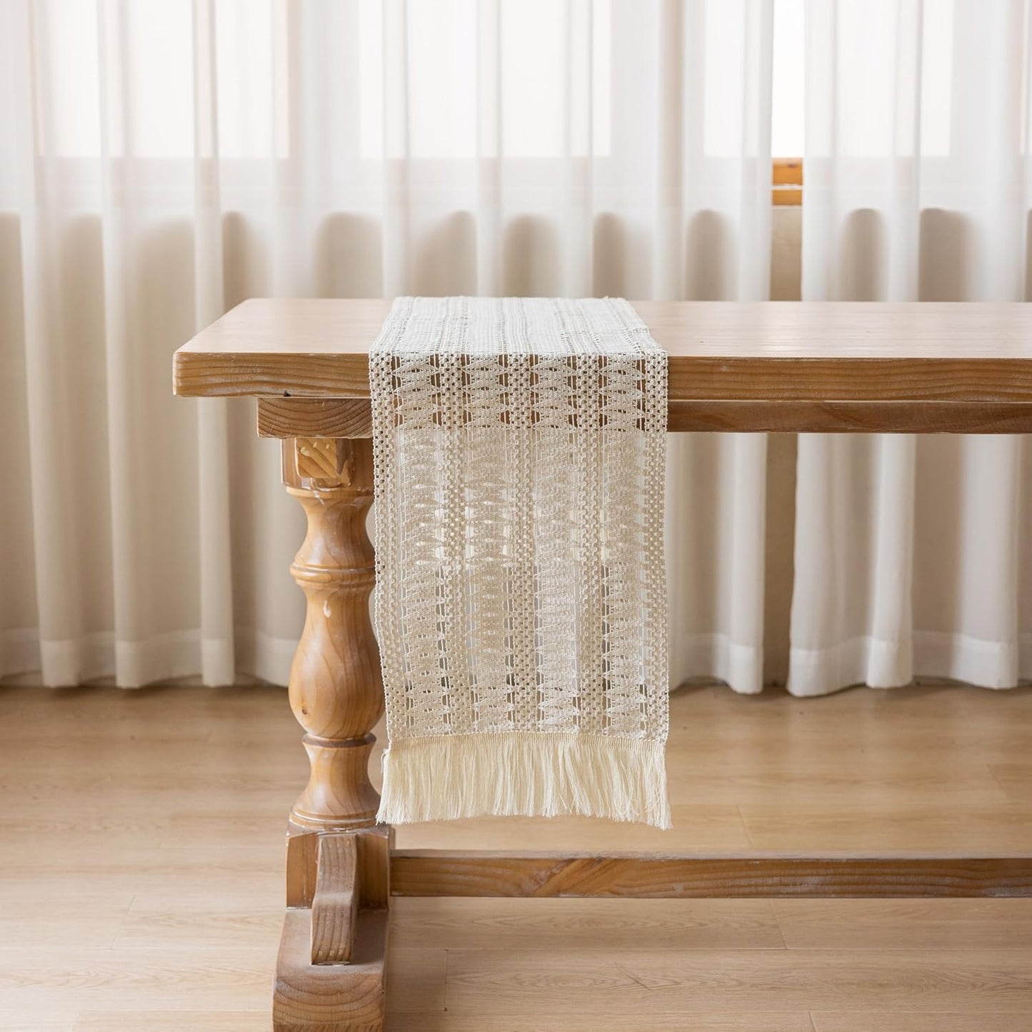 Boho Table Runner White for Home Decor 12x48 Inches Farmhouse Macrame Burlap Jute Rustic Dining Kitchen Centerpiece Bohemian Decor French Country Baby Bridal Shower Decorations