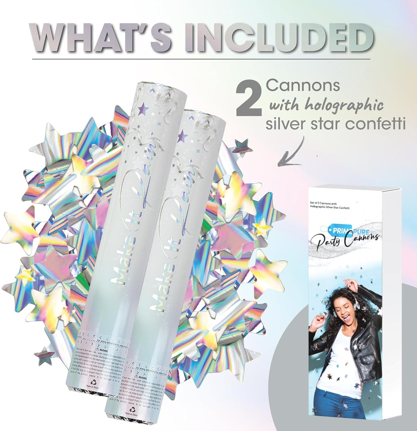 PrimePure Confetti Cannon Party Poppers - Holographic Silver Stars Confetti Popper - 2 Pack - Easy-to-Use Party Cannon - Silver Glitter Star Pop Gun for Graduation, Wedding, Birthday, Prank